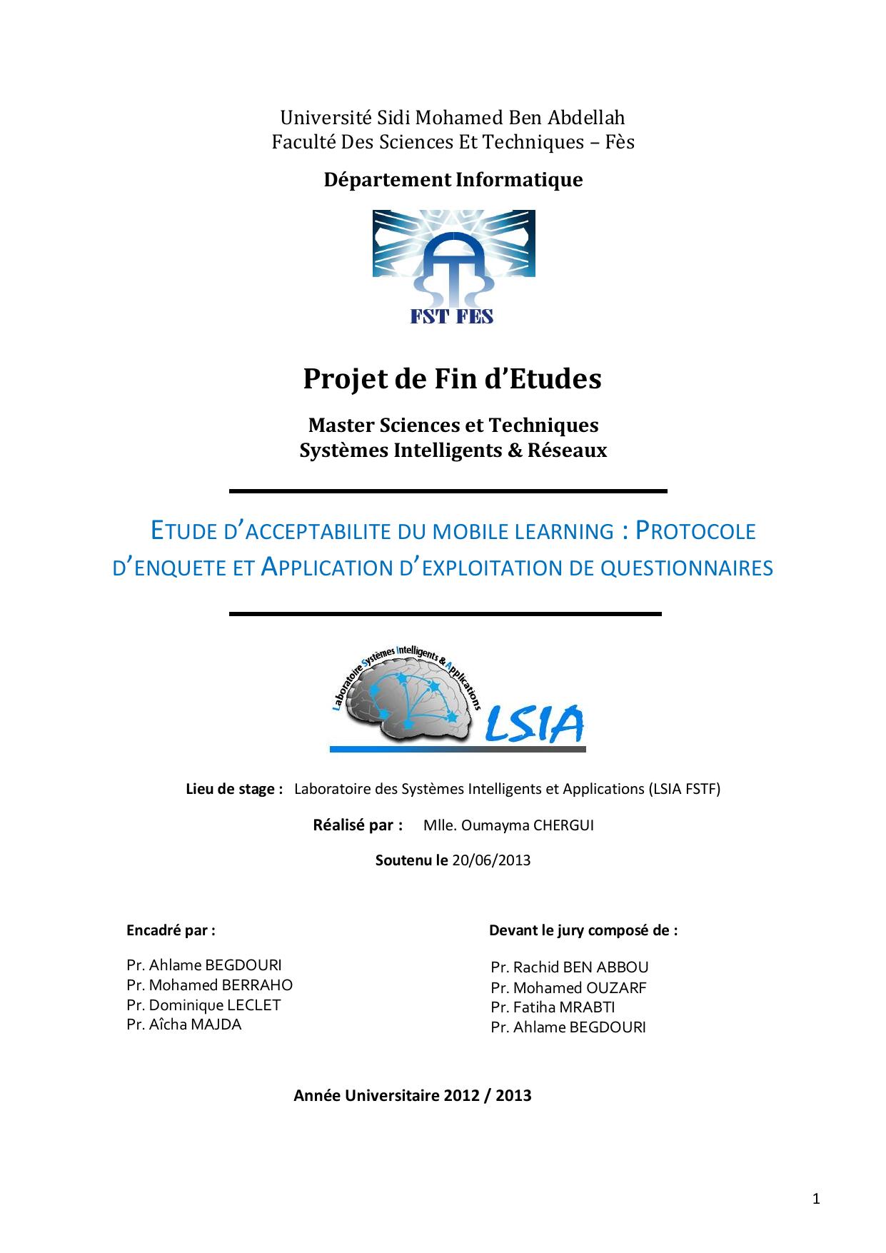 ETUDE D’ACCEPTABILITE DU MOBILE LEARNING : PROTOCOLE D’ENQUETE ET APPLICATION D’EXPLOITATION DE QUESTIONNAIRES