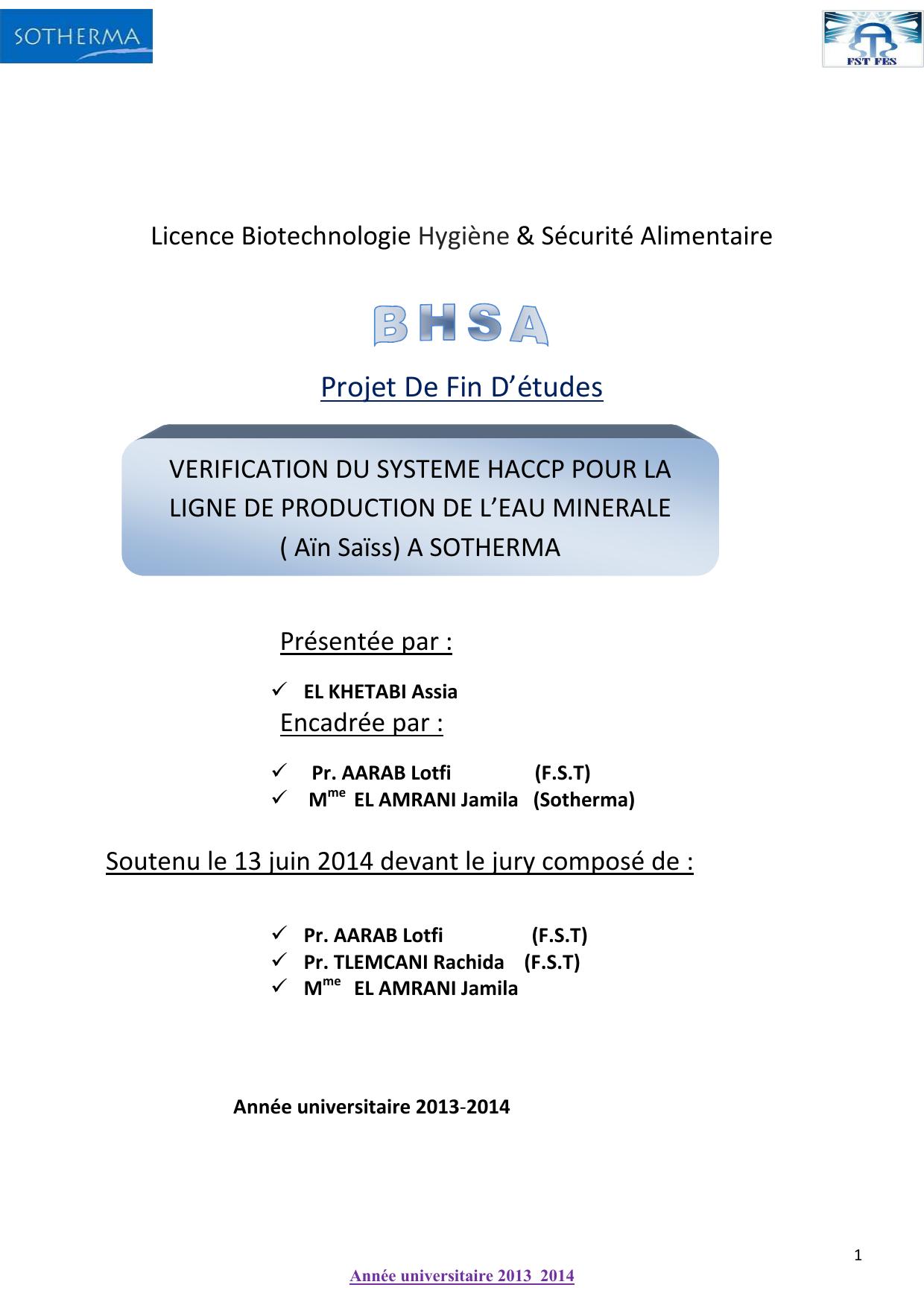 Vérification du système HACCP pour la ligne de production de l'eau minérale (Ain Sais) à SOTHERMA