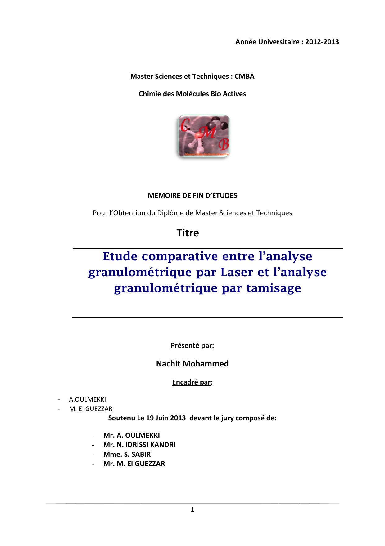 Etude comparative entre l’analyse granulométrique par Laser et l’analyse granulométrique par tamisage