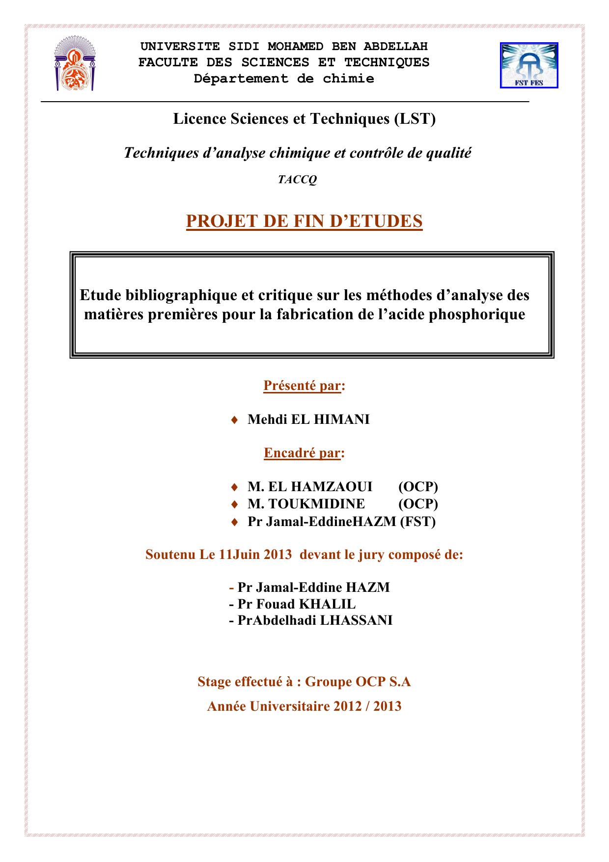 Etude bibliographique et critique sur les méthodes d’analyse des matières premières pour la fabrication de l’acide phosphorique