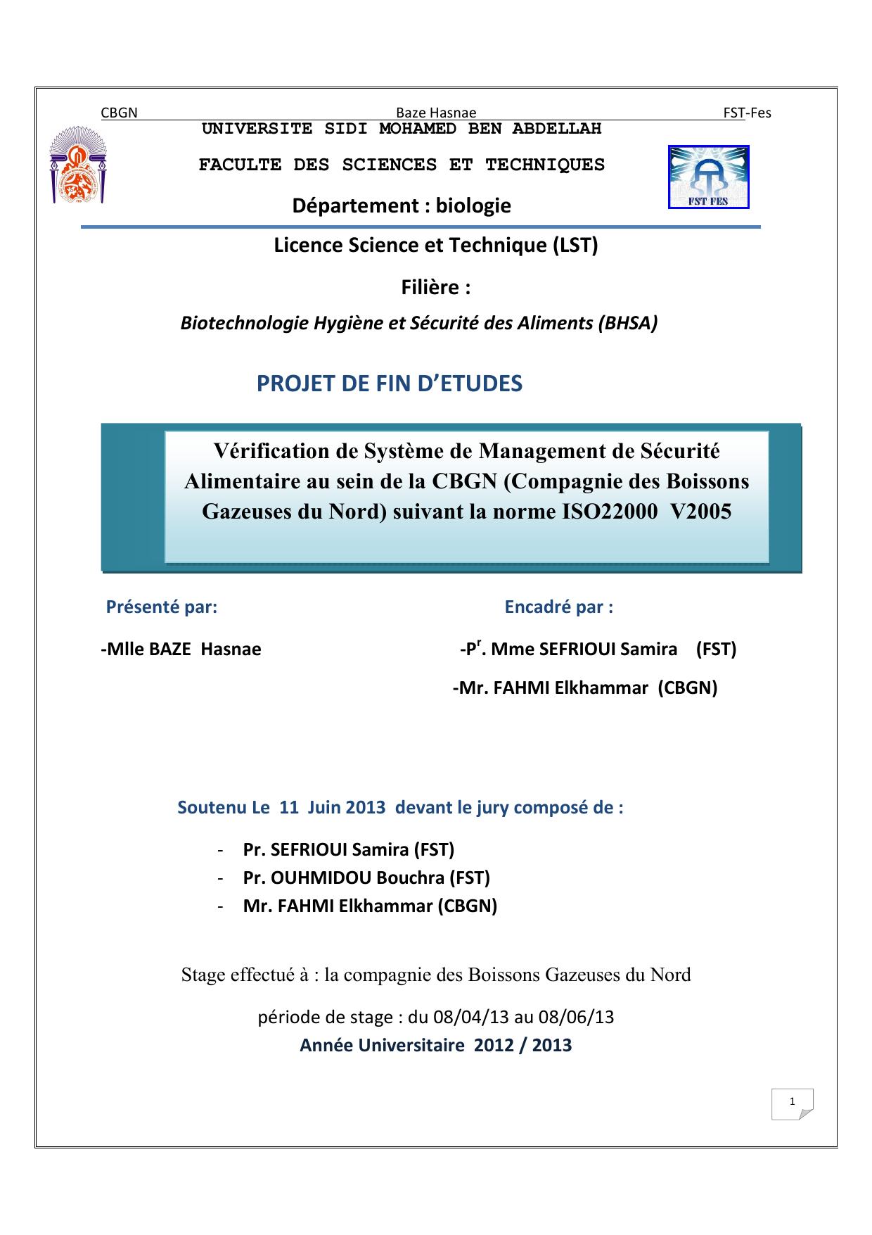 Vérification de Système de Management de Sécurité Alimentaire au sein de la CBGN (Compagnie des Boissons Gazeuses du Nord) suivant la norme ISO22000 V2005