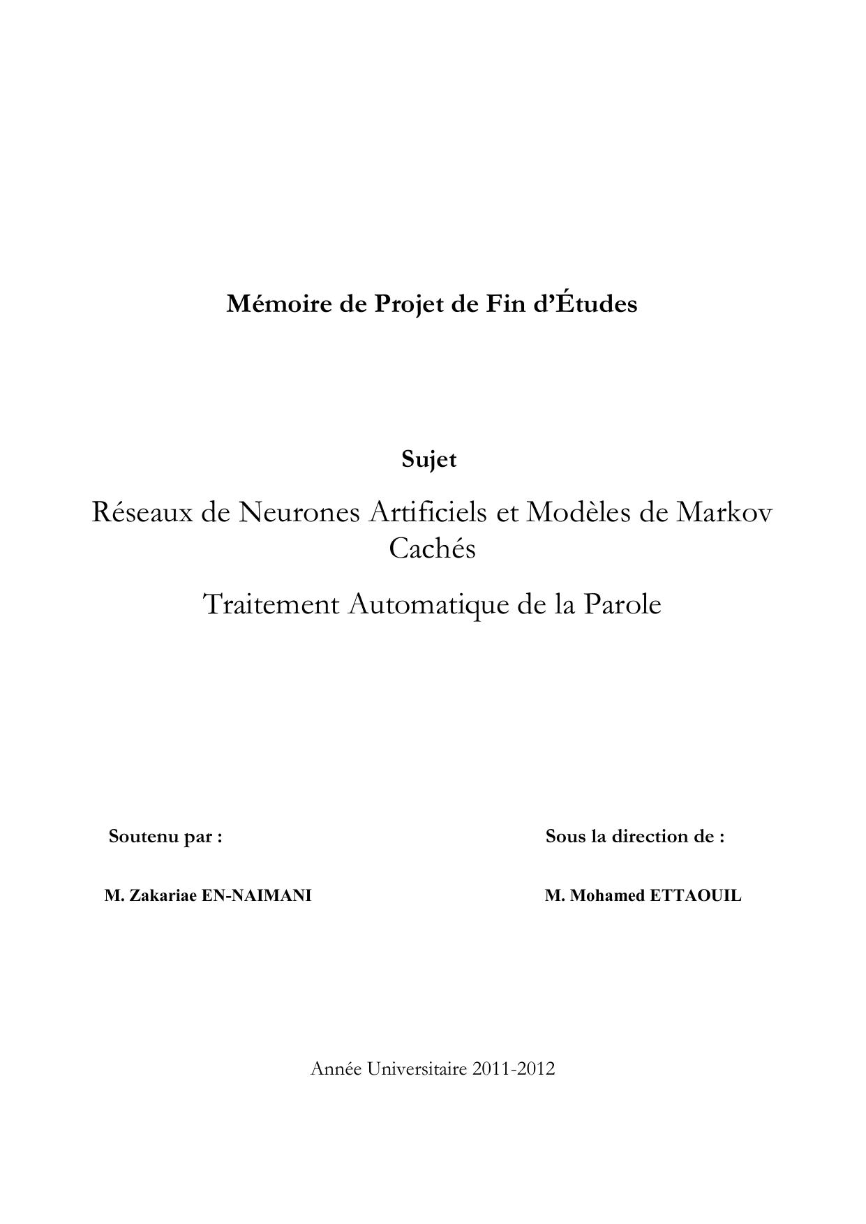 Réseaux de Neurones Artificiels et Modèles de Markov Cachés Traitement Automatique de la Parole