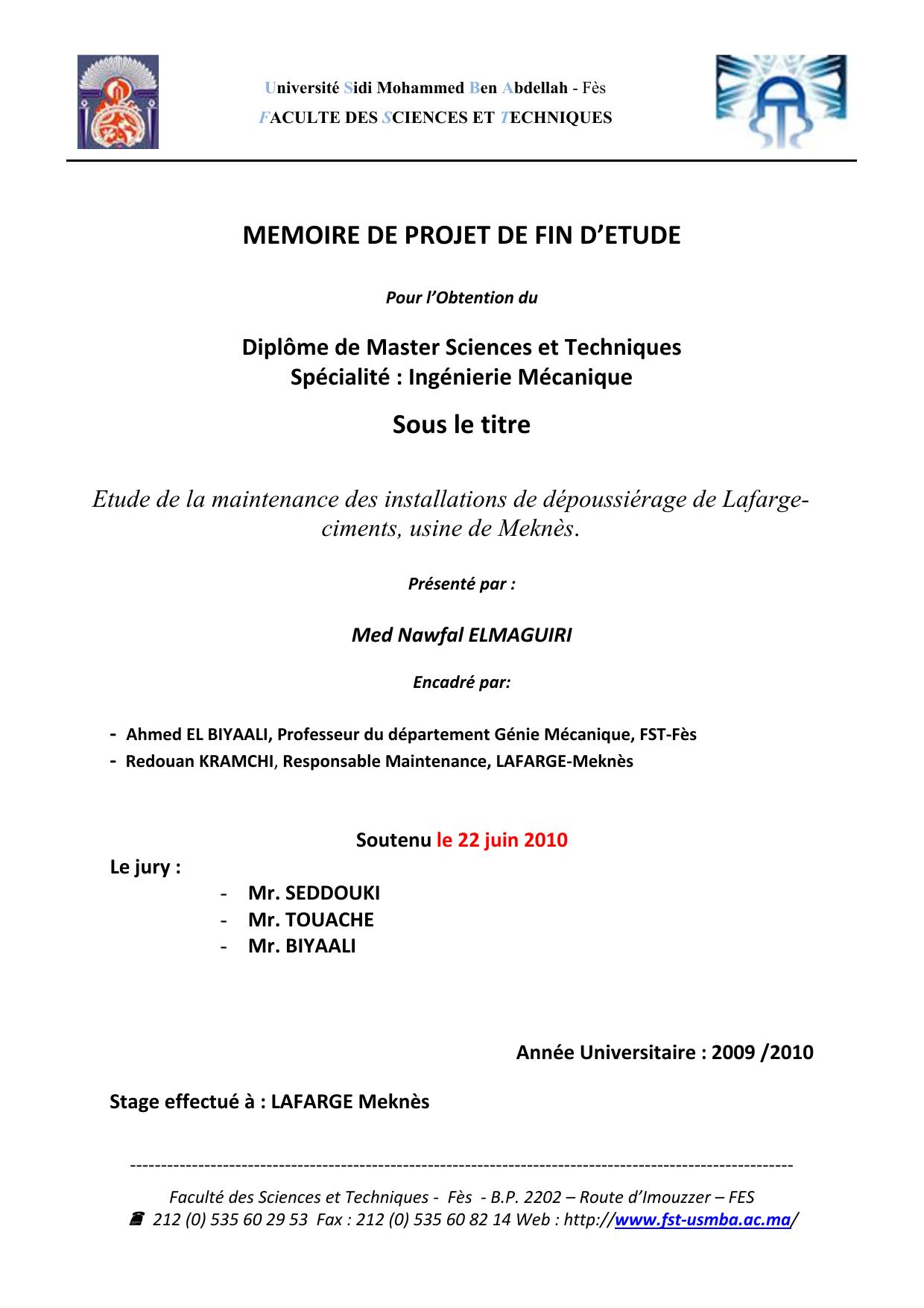 Etude de la maintenance des installations de dépoussiérage de Lafargeciments, usine de Meknès