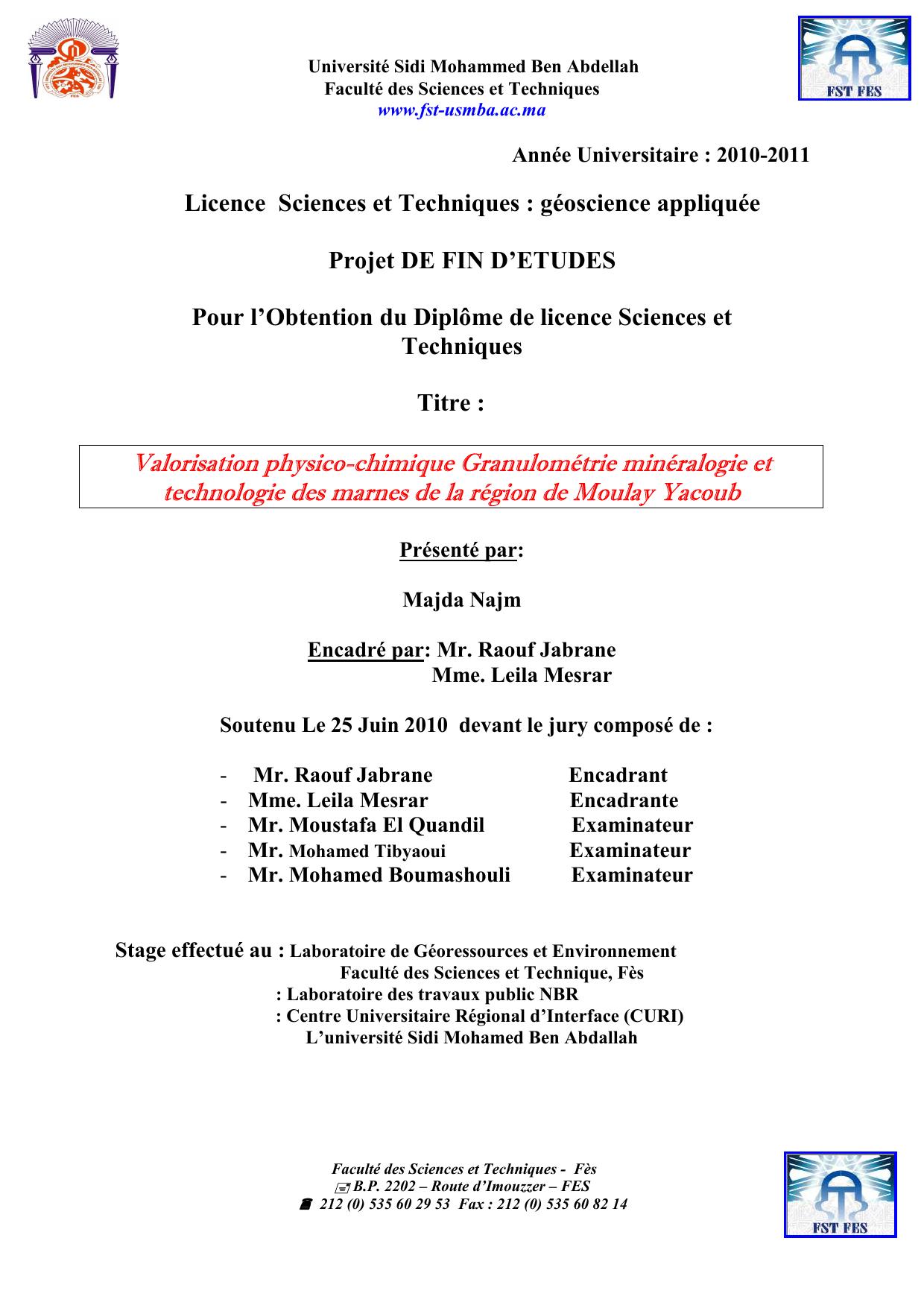 Valorisation physico-chimique Granulométrie minéralogie et technologie des marnes de la région de Moulay Yacoub