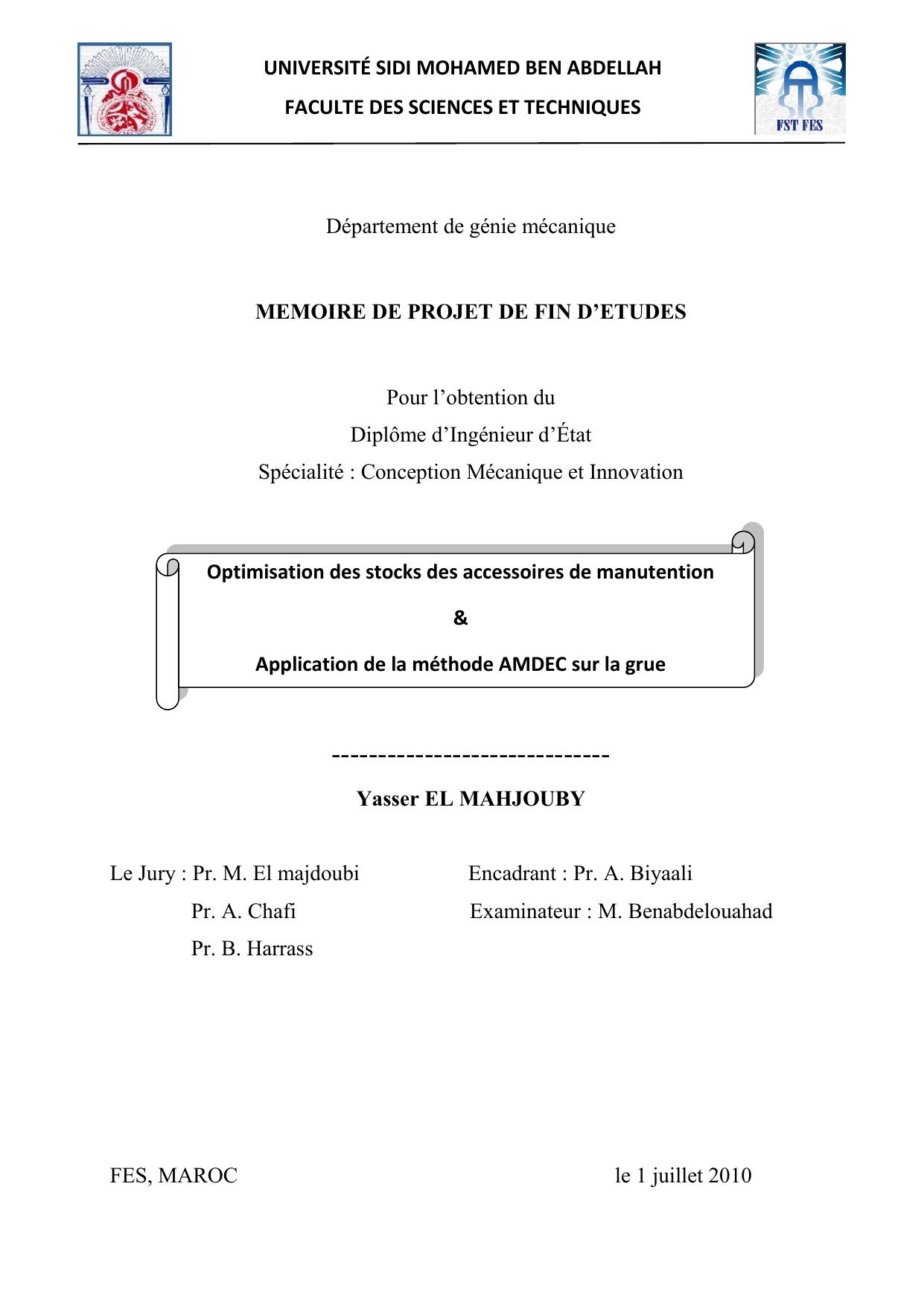 Optimisation des stocks des accessoires de manutention & Application de la méthode AMDEC sur la grue