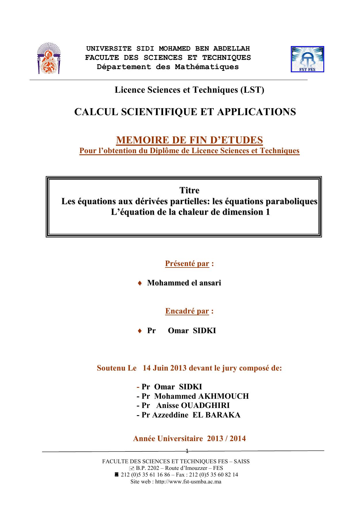 Les équations aux dérivées partielles: les équations paraboliques L’équation de la chaleur de dimension 1