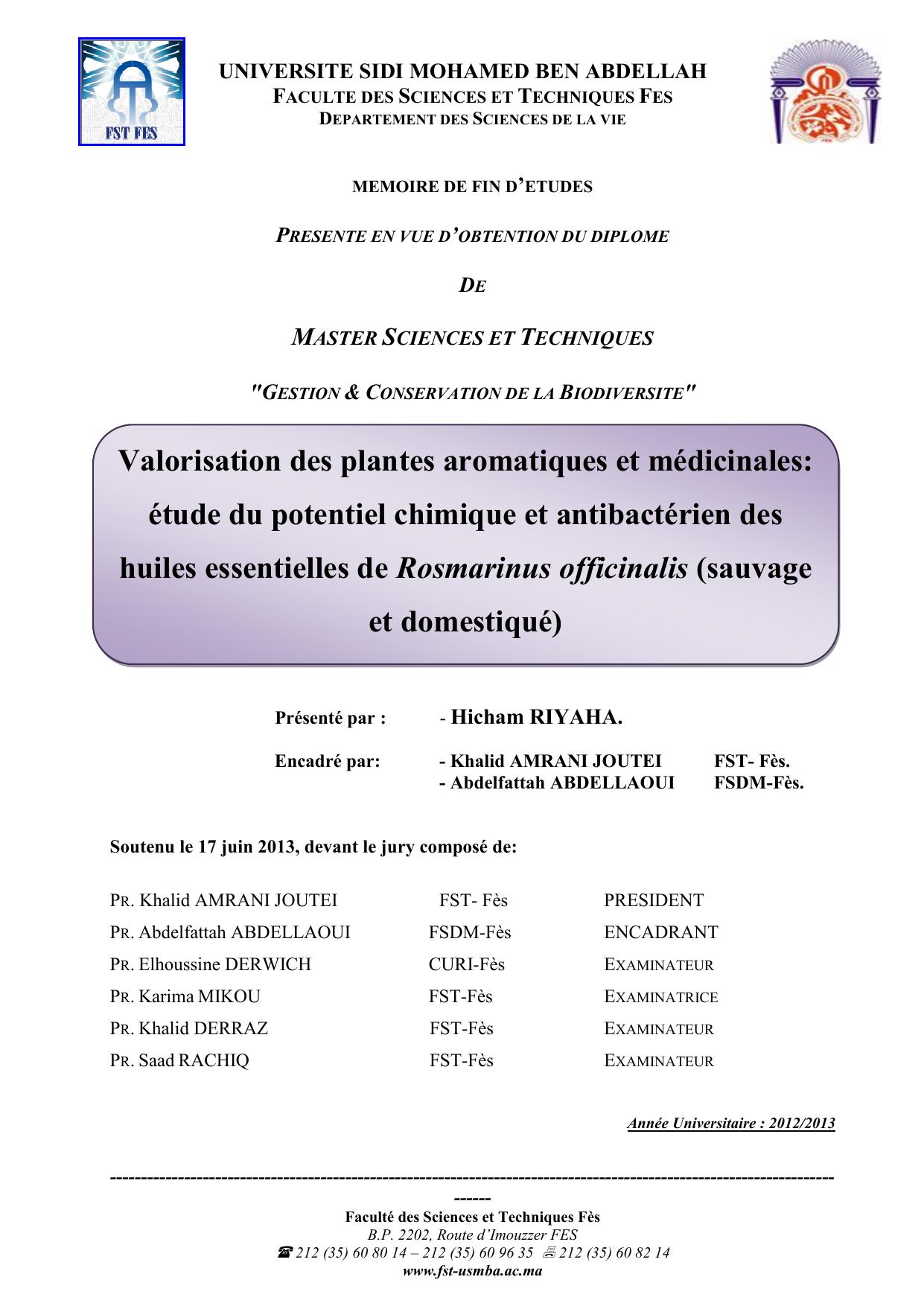Valorisation des plantes aromatiques et médicinales: étude du potentiel chimique et antibactérien des huiles essentielles de Rosmarinus officinalis (sauvage et domestiqué)