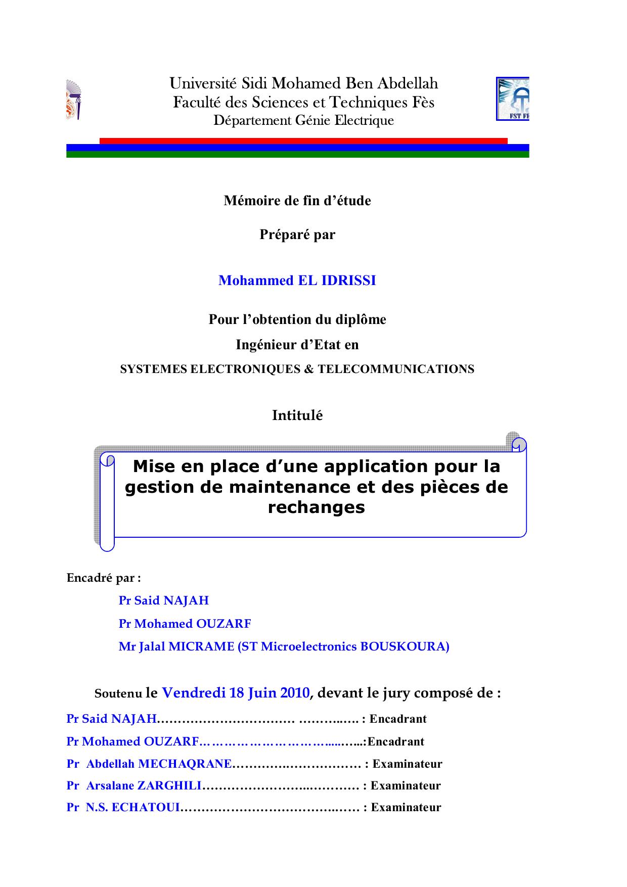 Mise en place d’une application pour la gestion de maintenance et des pièces de rechanges