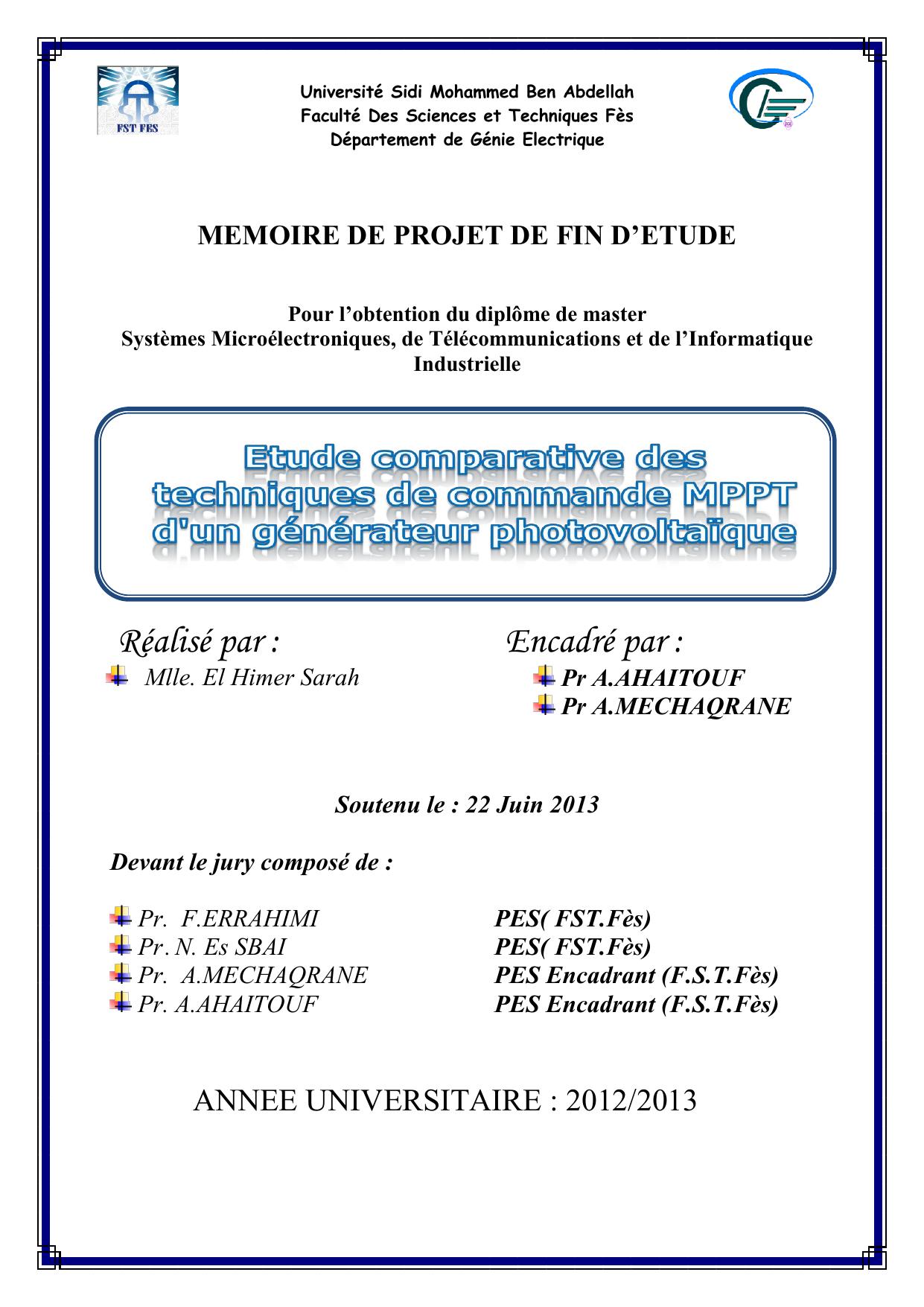 Etude comparative des techniques de comande MPPT d'un générateur photovoltaïque