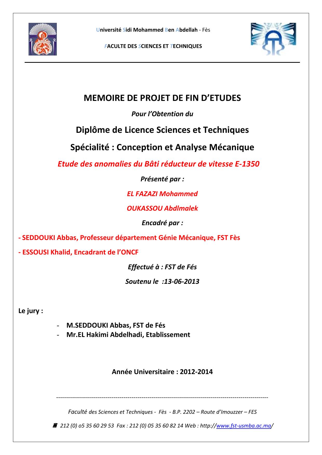 Etude des anomalies du Bâti réducteur de vitesse E-1350