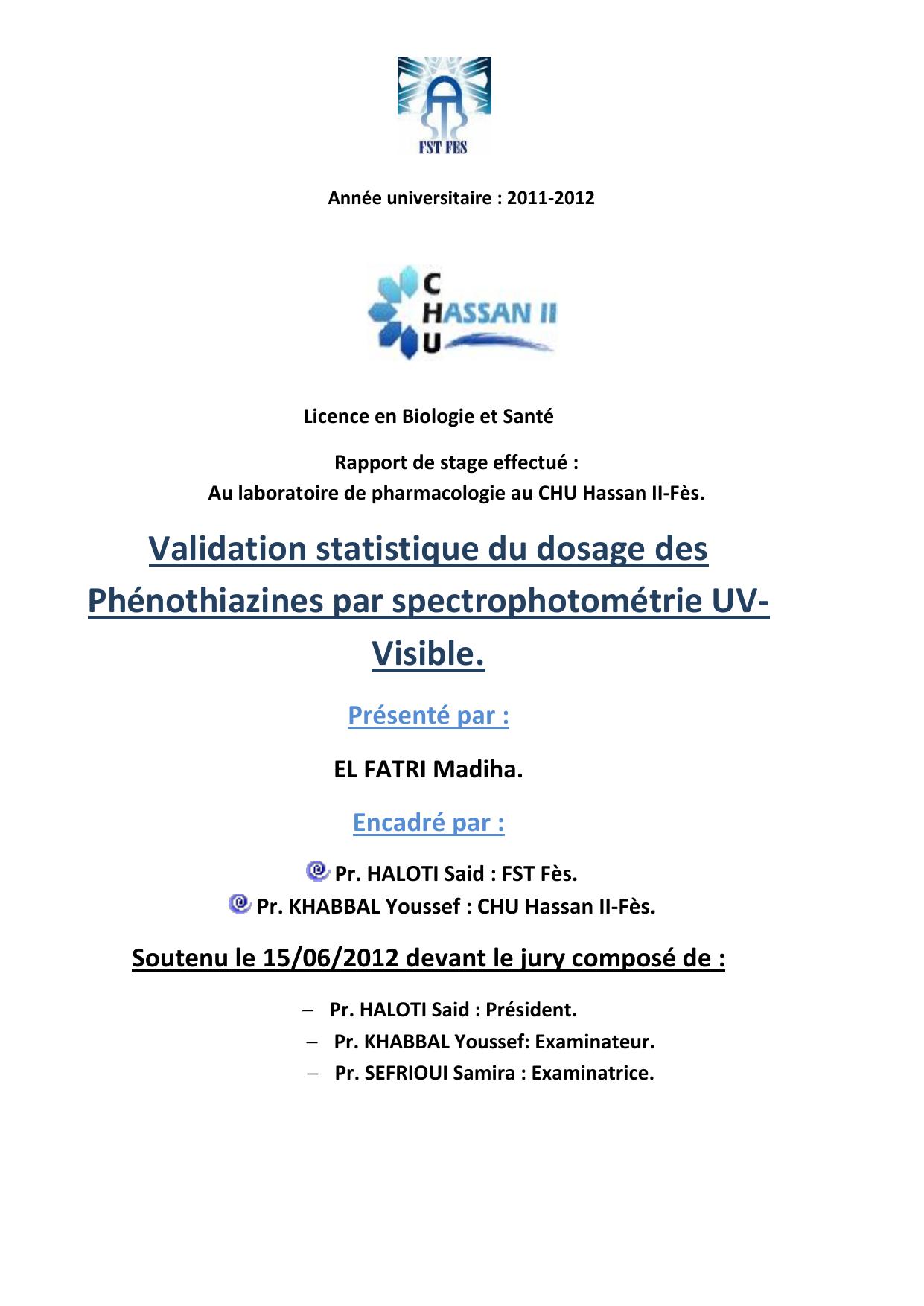 Validation statistique du dosage des Phénothiazines par spectrophotométrie UV-Visible