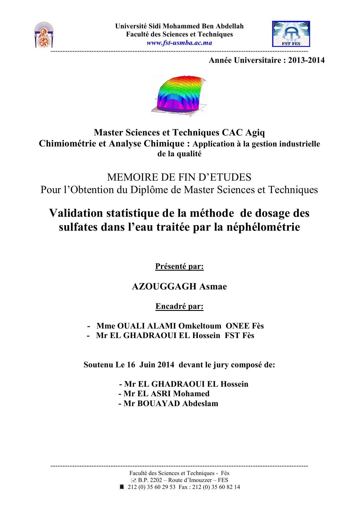 Validation statistique de la méthode de dosage des sulfates dans l’eau traitée par la néphélométrie