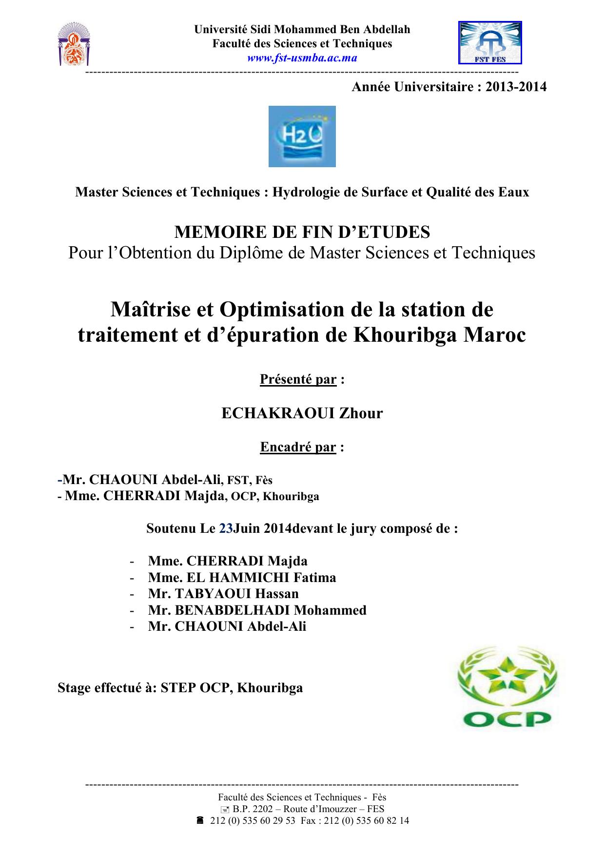 Maîtrise et Optimisation de la station de traitement et d’épuration de Khouribga Maroc