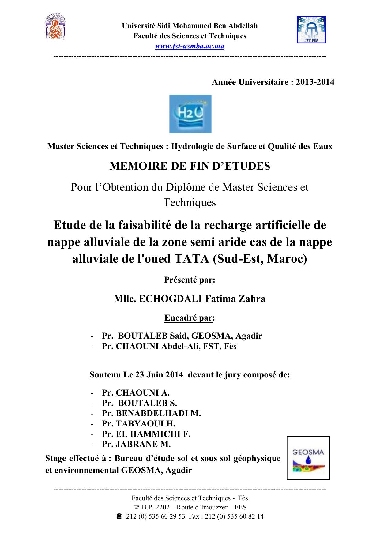 Etude de la faisabilité de la recharge artificielle de nappe alluviale de la zone semi aride cas de la nappe alluviale de l'oued TATA (Sud-Est, Maroc)