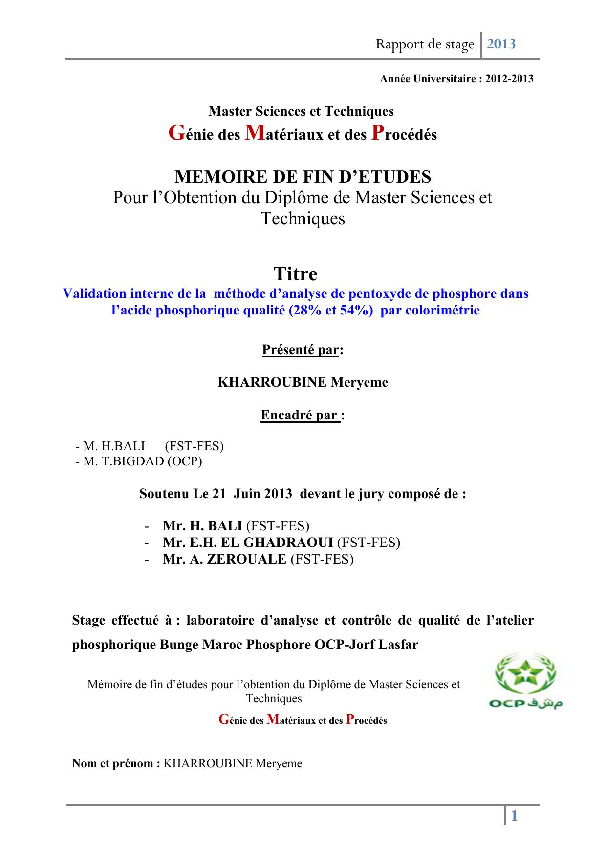 Validation interne de la méthode d’analyse de pentoxyde de phosphore dans l’acide phosphorique qualité (28% et 54%) par colorimétrie