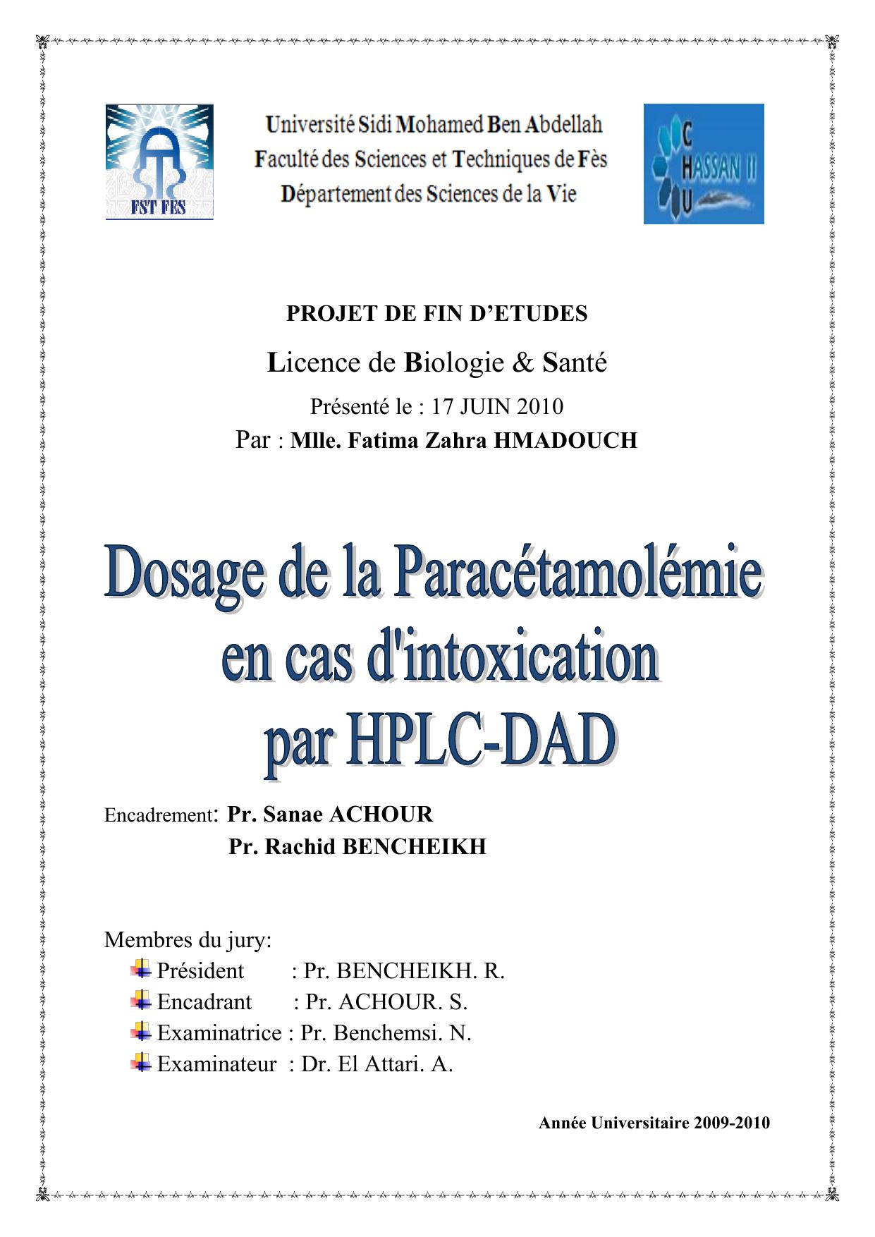 Dosage de la paracetamolemie en cas d'intoxication par HPLC-DAD