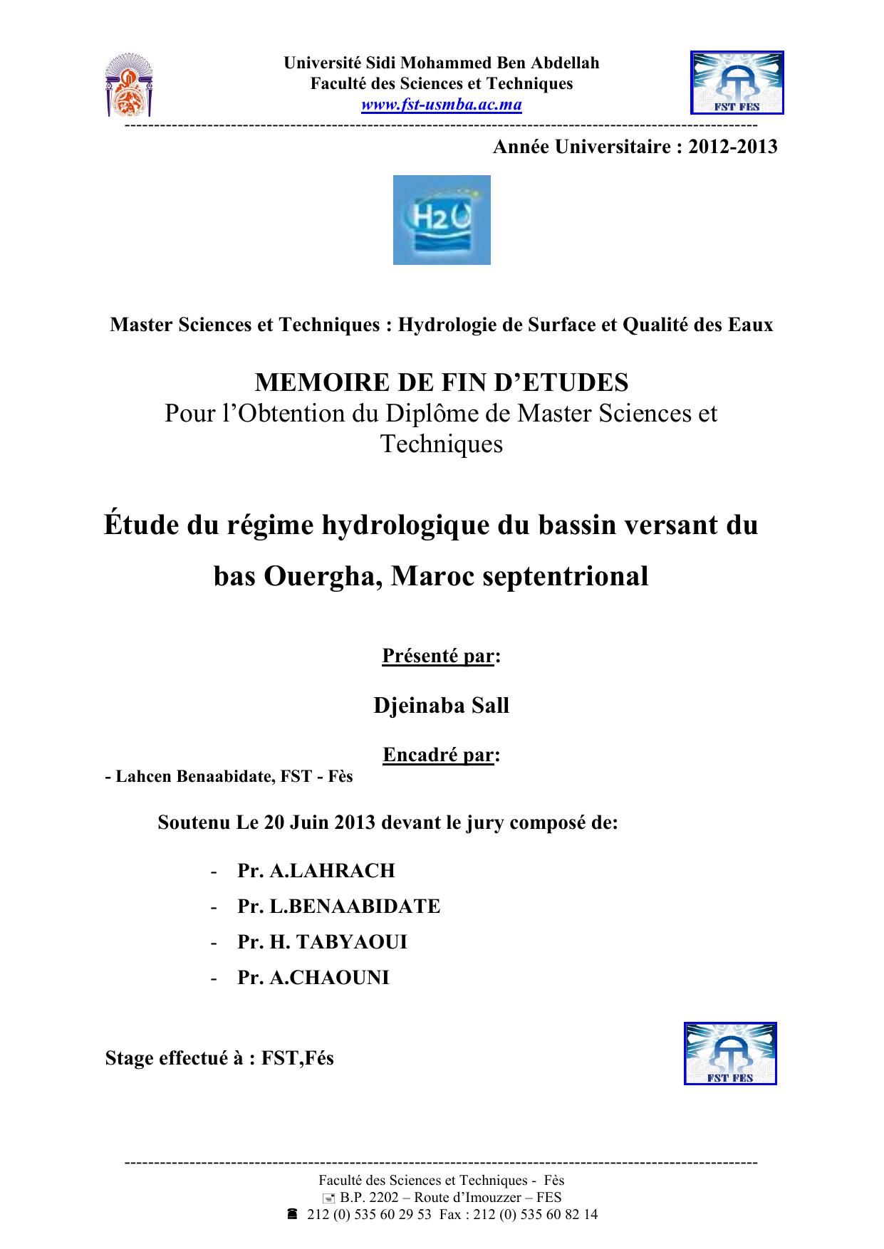 Étude du régime hydrologique du bassin versant du bas Ouergha, Maroc septentrional