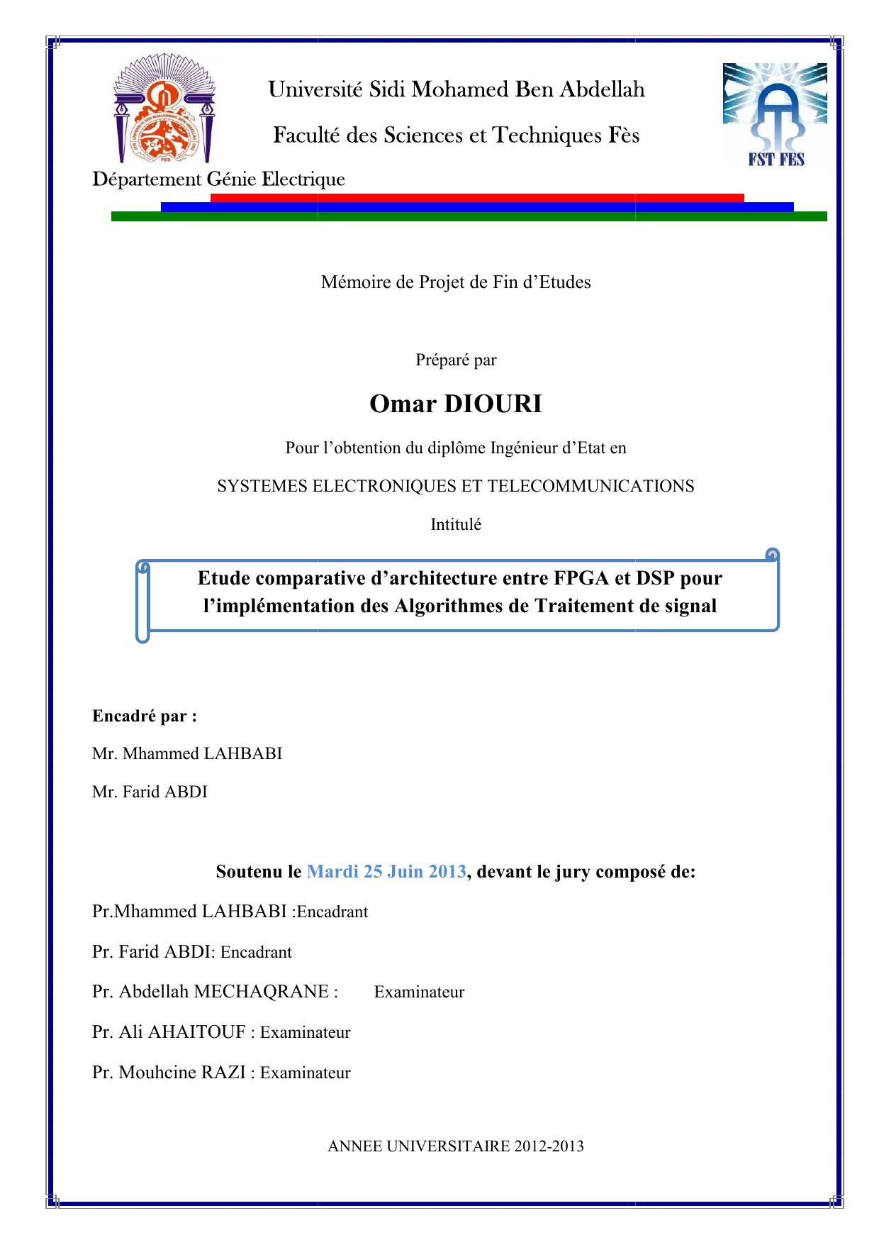 Etude comparative d’architecture entre FPGA et DSP pour l’implémentation des Algorithmes de Traitement de signal