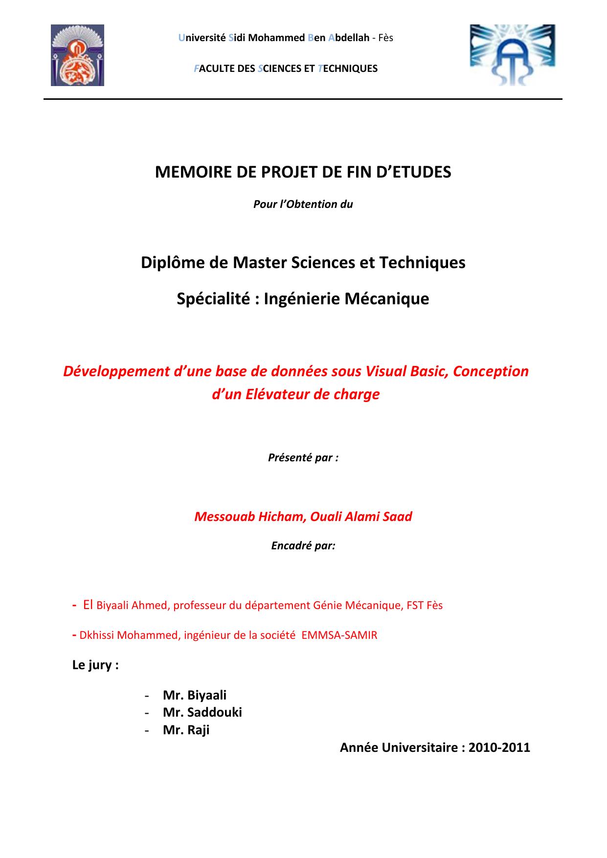 Développement d’une base de données sous Visual Basic, Conception d’un Elévateur de charge