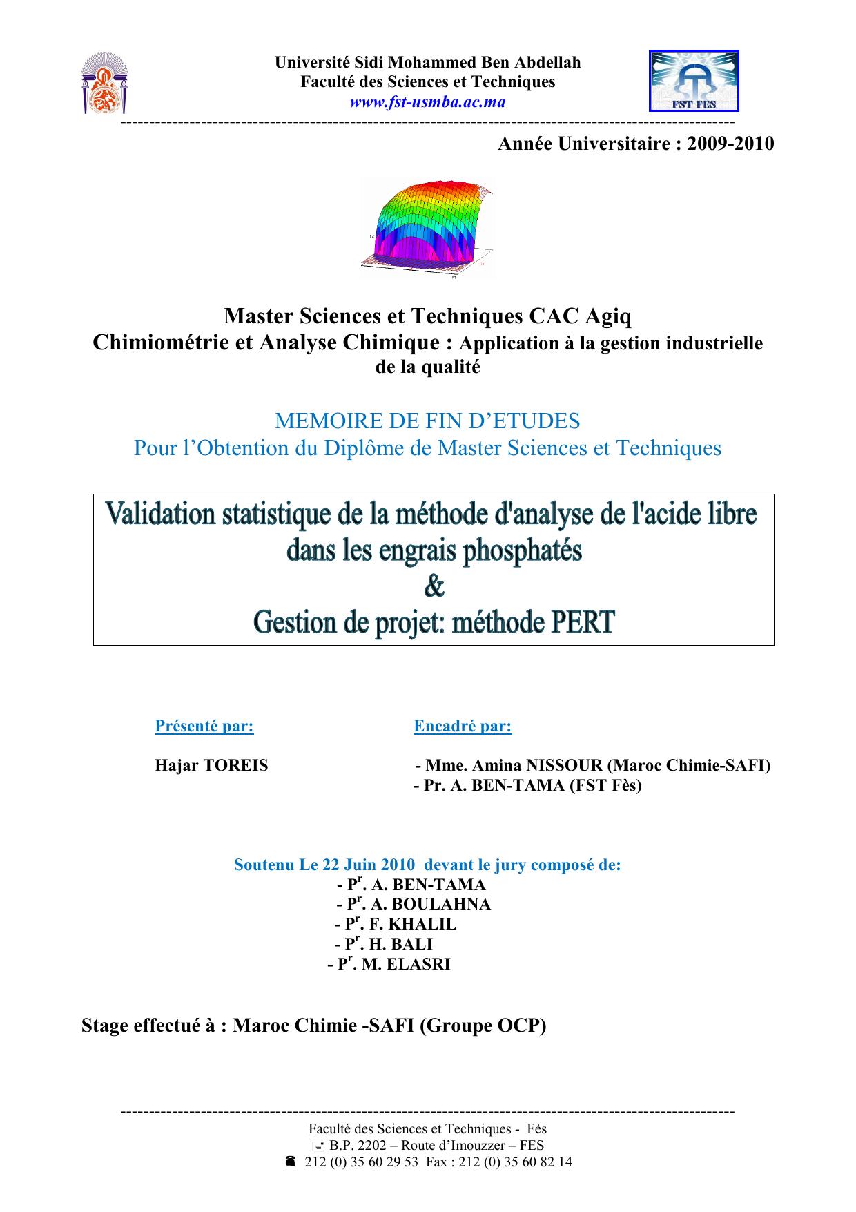 Validation de la méthode d'analyse de l'acide libre dans les engrais phosphatés TSP & Gestion de projet: méthode PERT