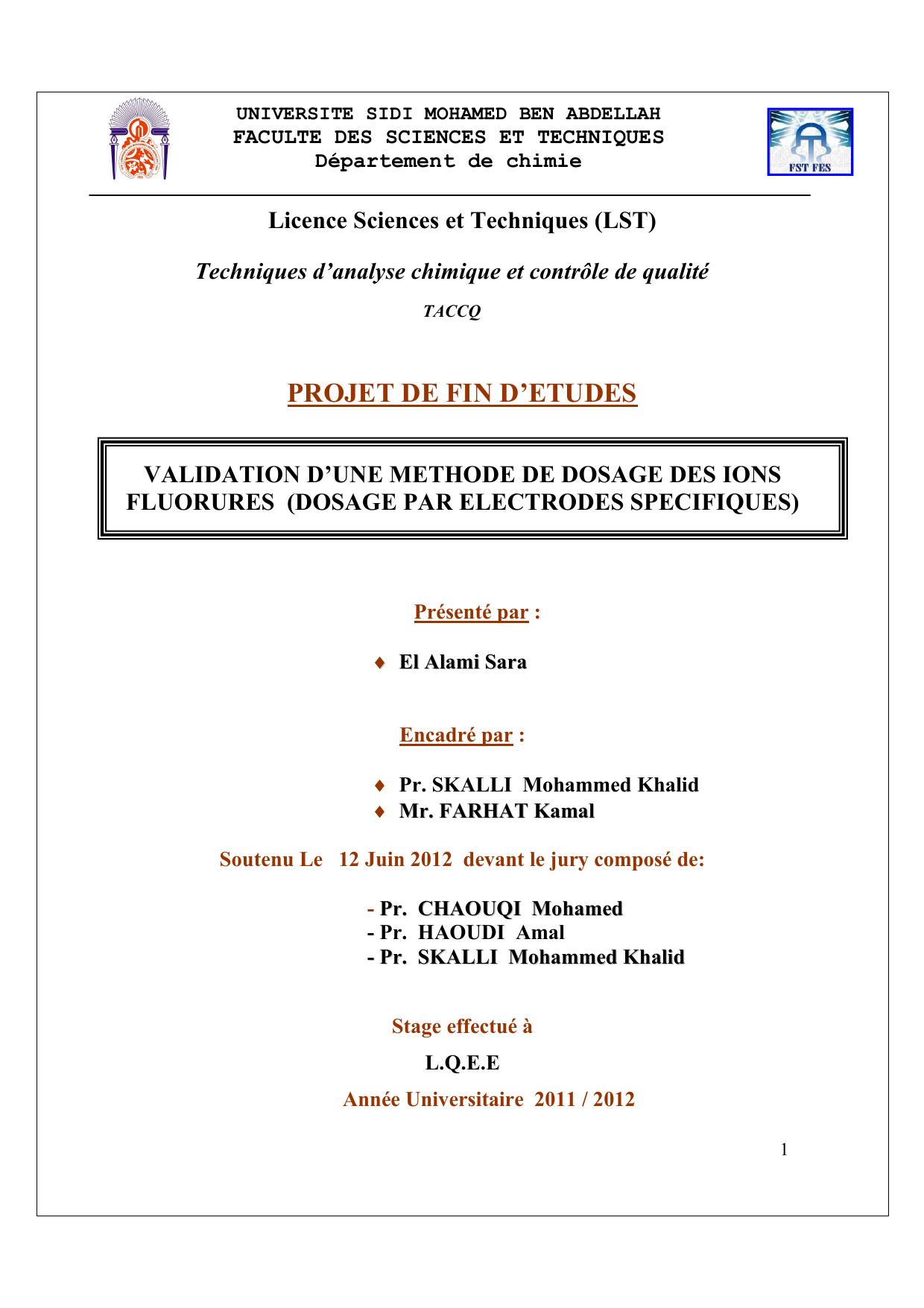 Validation d'une méthode de dosage des ions fluorures (Dosage par électrodes spécifiques)