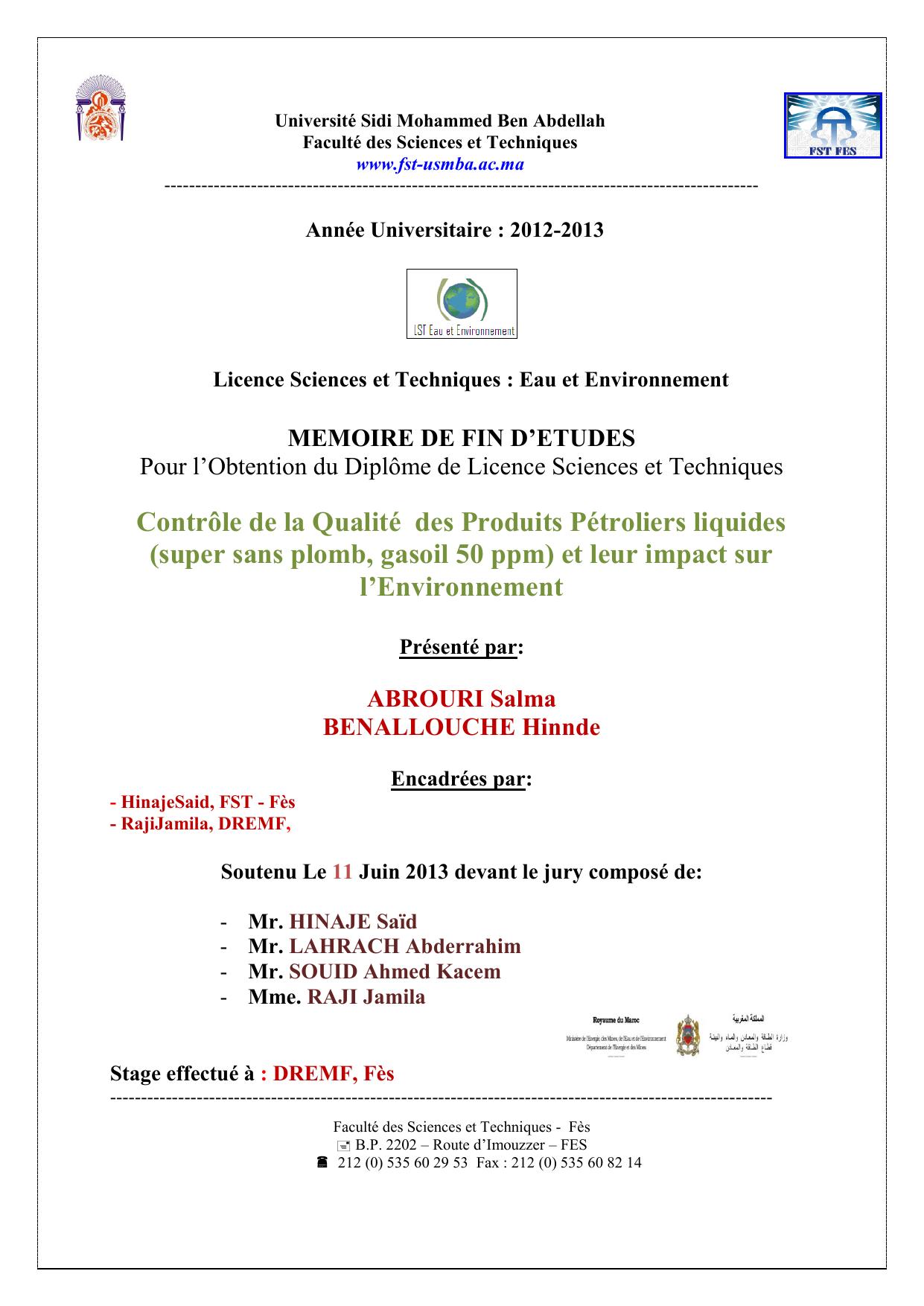 Contrôle de la Qualité des Produits Pétroliers liquides (super sans plomb, gasoil 50 ppm) et leur impact sur l’Environnement