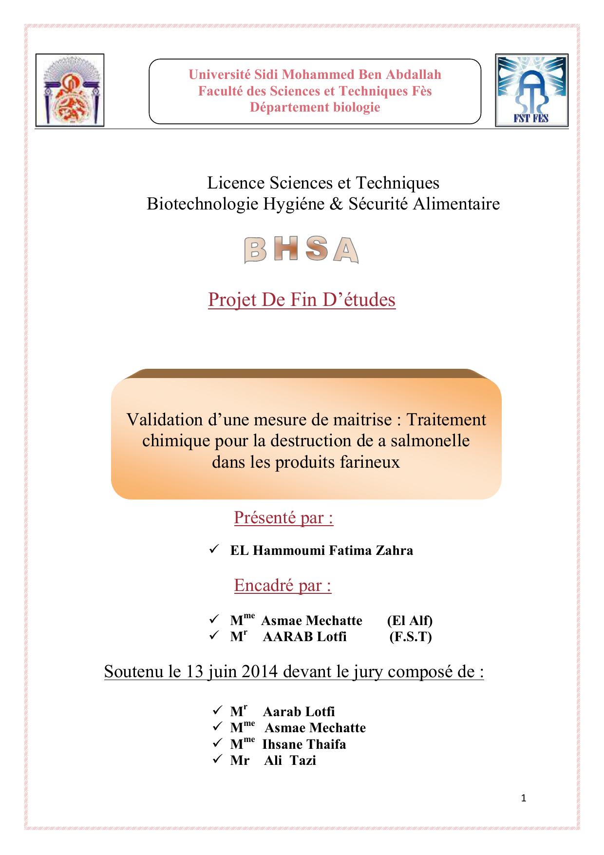 Validation d’une mesure de maitrise : Traitement chimique pour la destruction de a salmonelle dans les produits farineux