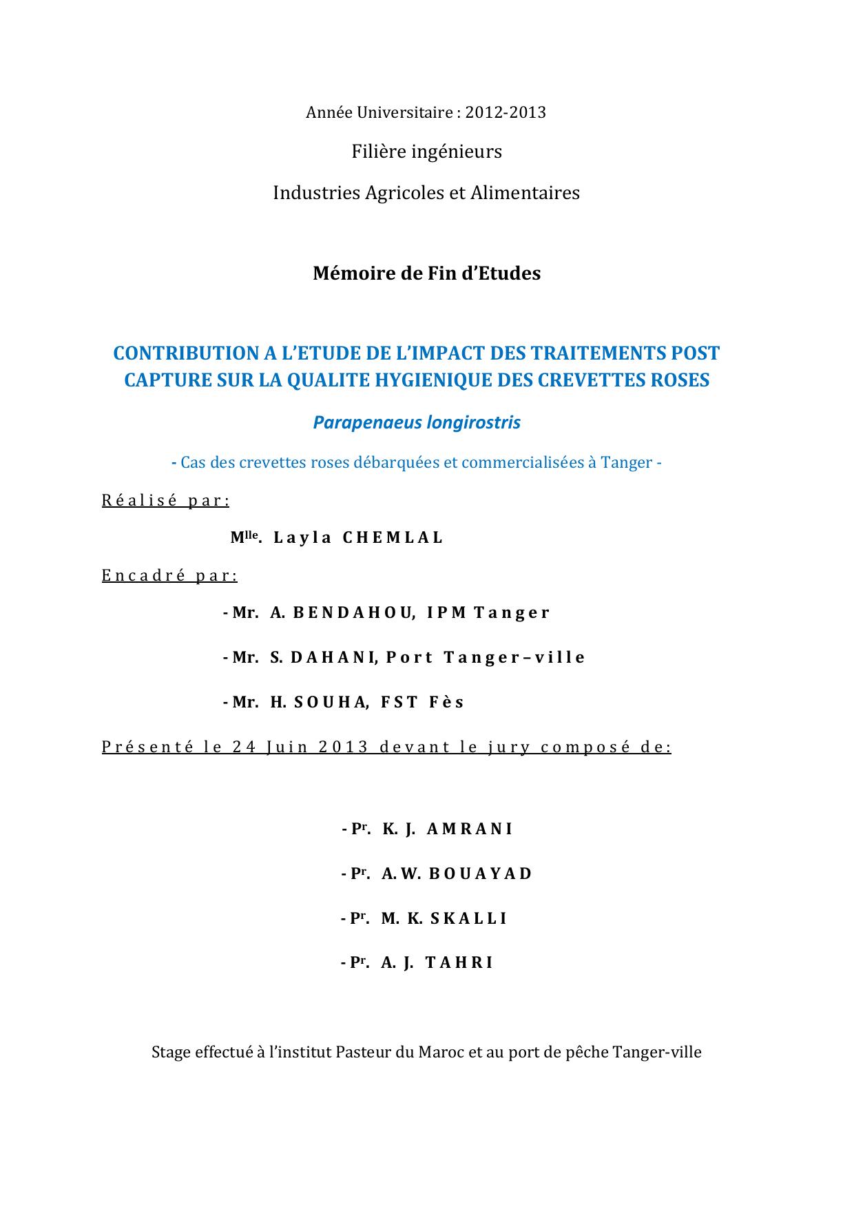 CONTRIBUTION A L’ETUDE DE L’IMPACT DES TRAITEMENTS POST CAPTURE SUR LA QUALITE HYGIENIQUE DES CREVETTES ROSES Parapenaeus longirostris - Cas des crevettes roses débarquées et commercialisées à Tanger -