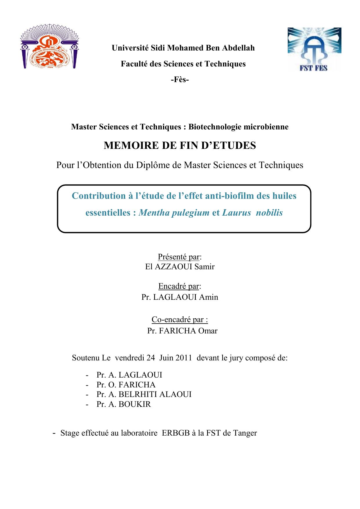 Contribution à l’étude de l’effet anti-biofilm des huiles essentielles : Mentha pulegium et Laurus nobilis