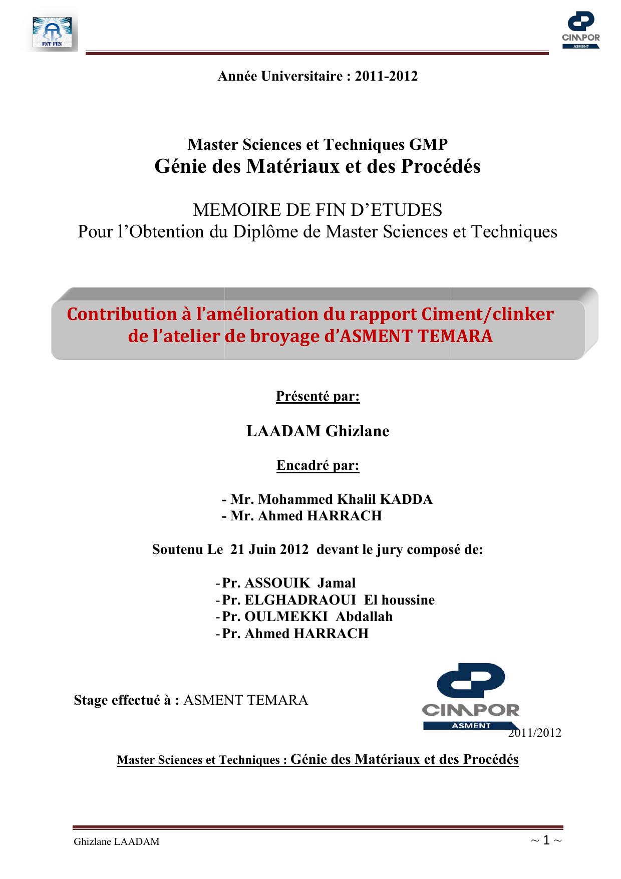 Contribution à l’amélioration du rapport ciment/clinker de l'atelier de broyage d'Asment Temara