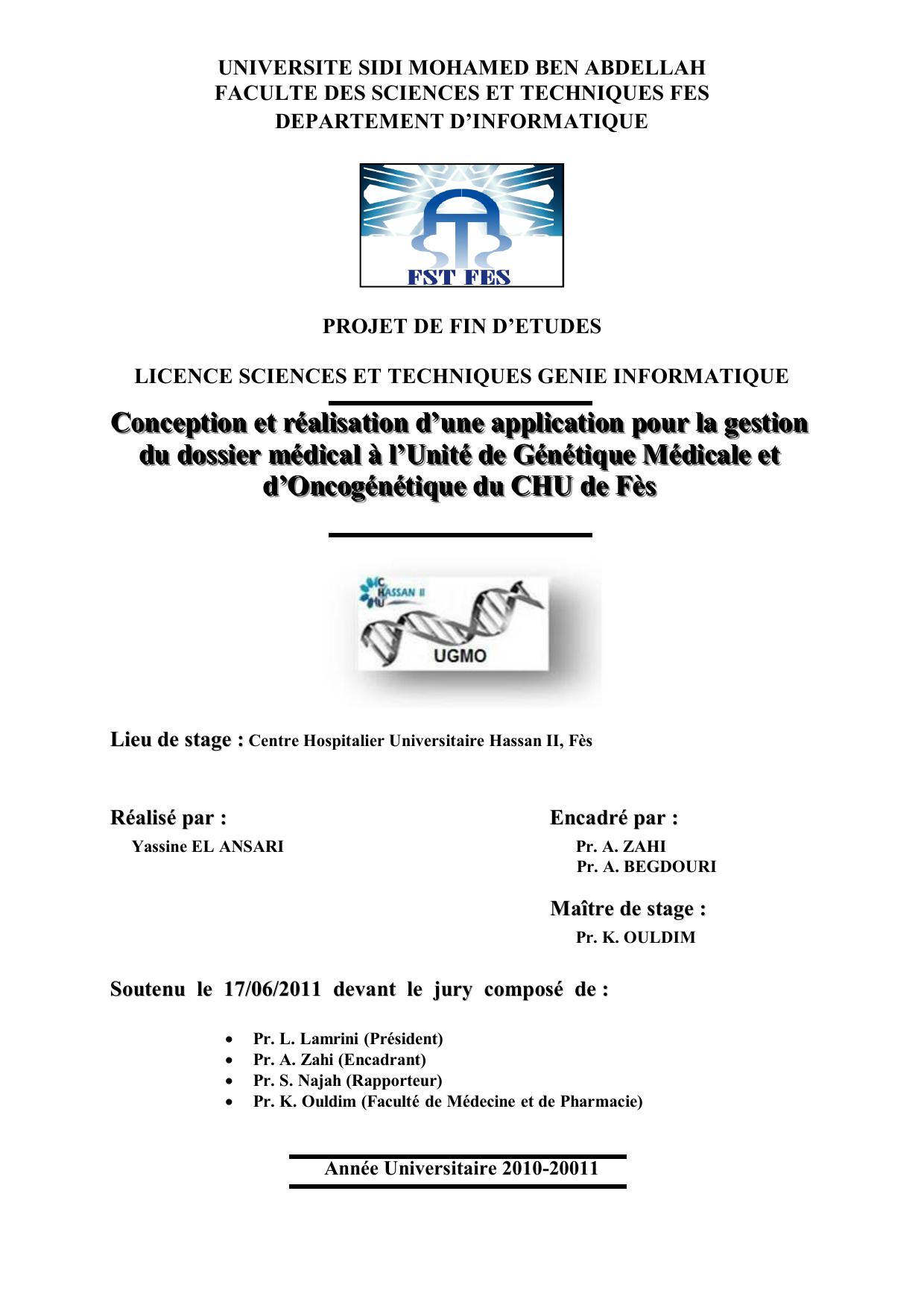 Conception etb realisation d'une application pour la gestion du dossier médicale à l'unité de Génétique Médicale et d'Oncogénétique du CHU de Fès