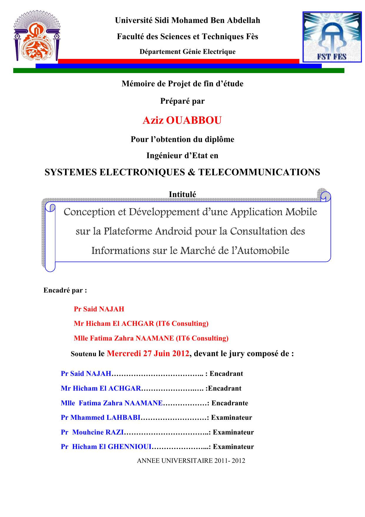 Conception et Développement d’une Application Mobile sur la Plateforme Android pour la Consultation des Informations sur le Marché de l’Automobile