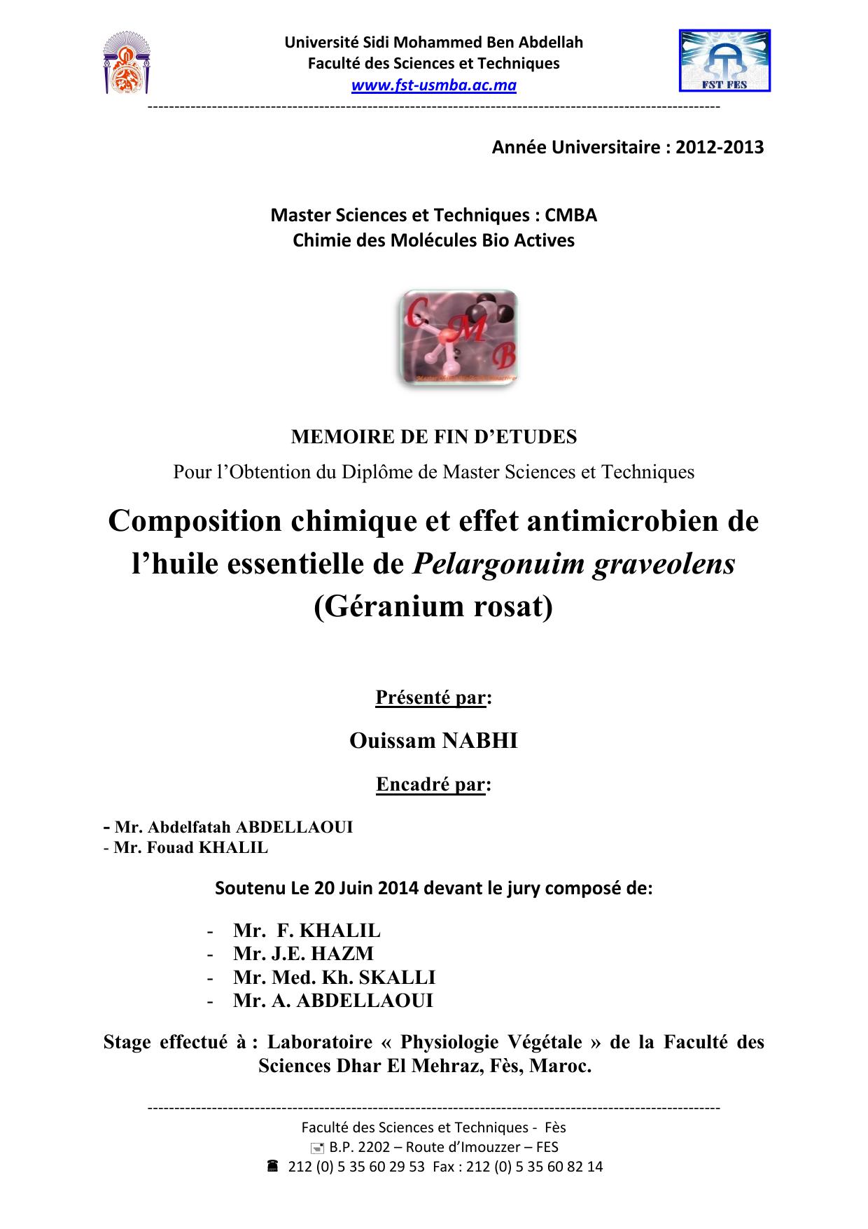 Composition chimique et effet antimicrobien de l’huile essentielle de Pelargonuim graveolens (Géranium rosat)