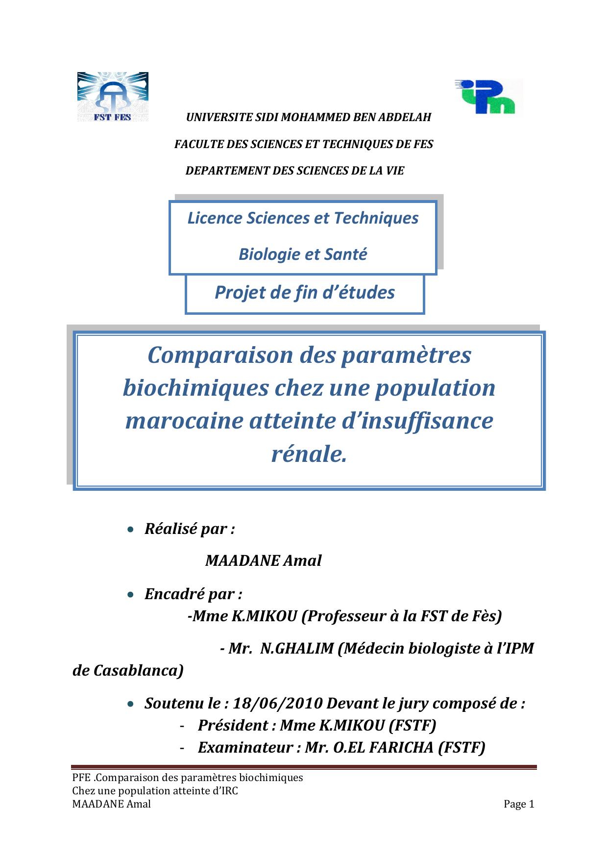 Comparaison des paramètres biochimiques chez une population marocaine atteinte d’insuffisance rénale