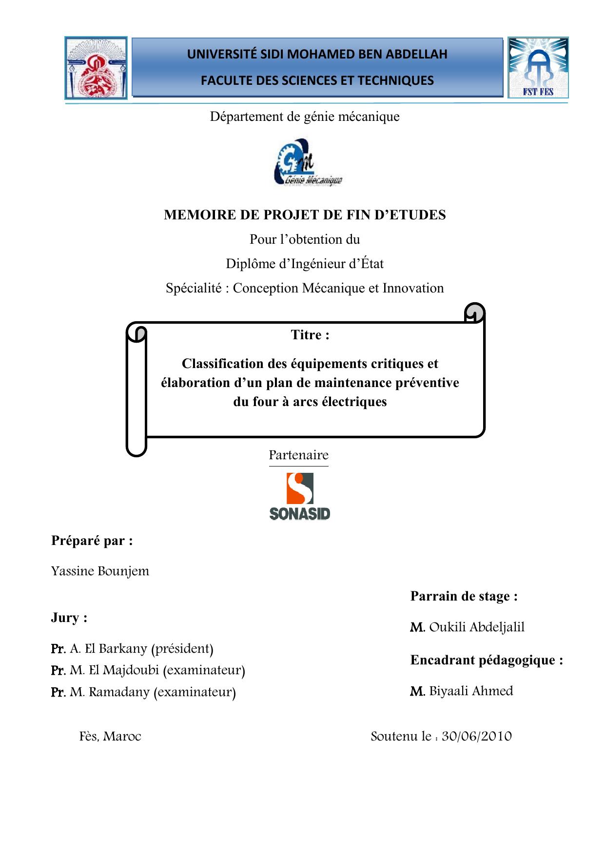 Classification des équipements critiques et élaboration d’un plan de maintenance préventive du four à arcs électriques