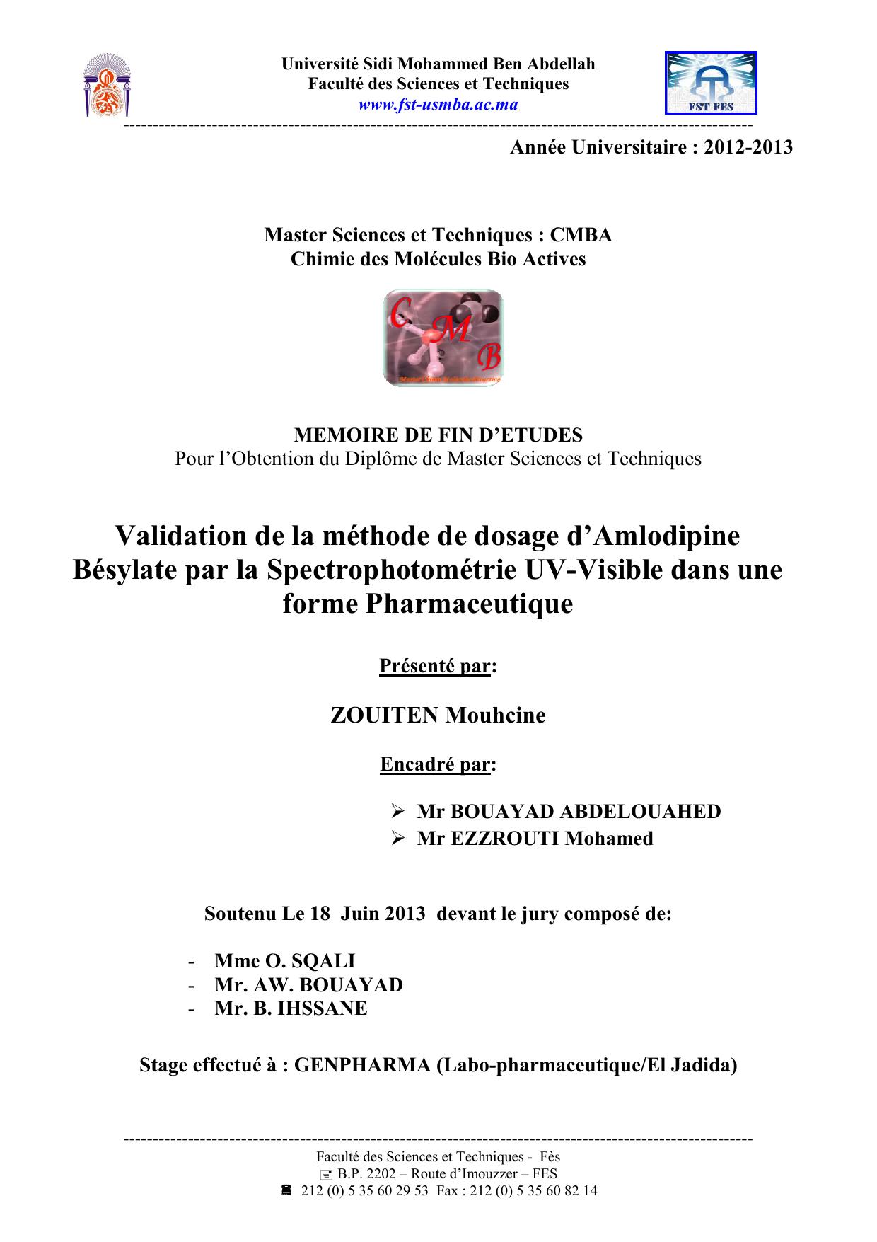 Validation de la méthode de dosage d’Amlodipine Bésylate par la Spectrophotométrie UV-Visible dans une forme Pharmaceutique