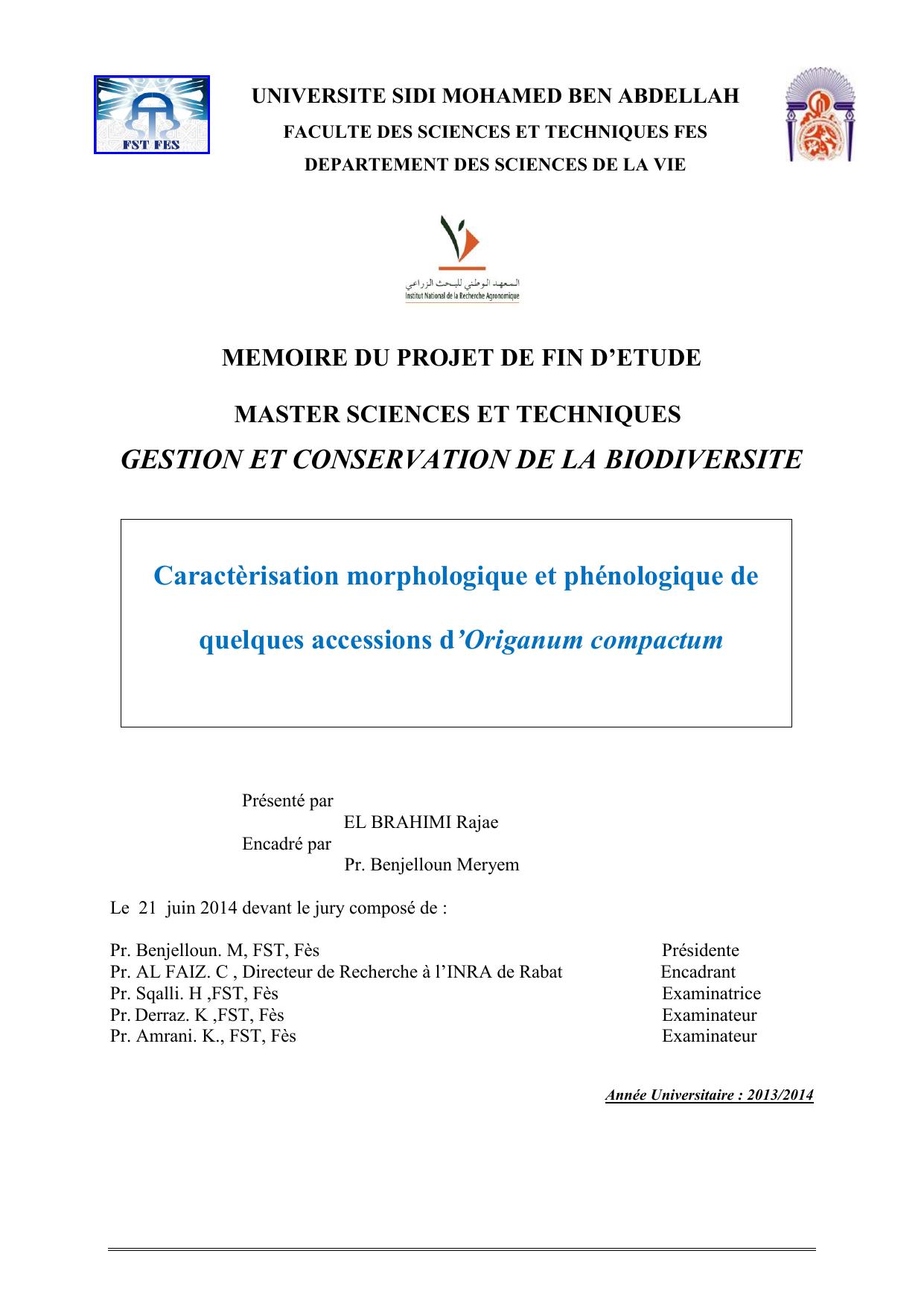 Caractèrisation morphologique et phénologique de quelques accessions d’Origanum compactum