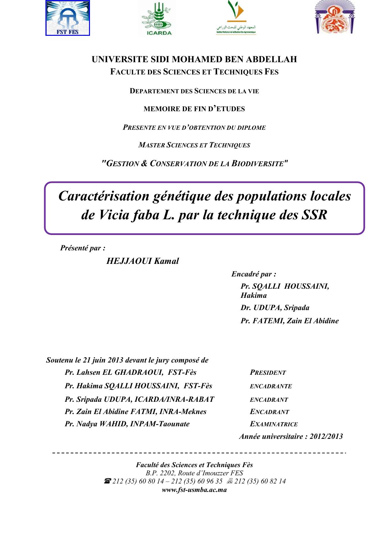 Caractérisation génétique des populations locales de Vicia faba L. par la technique des SSR