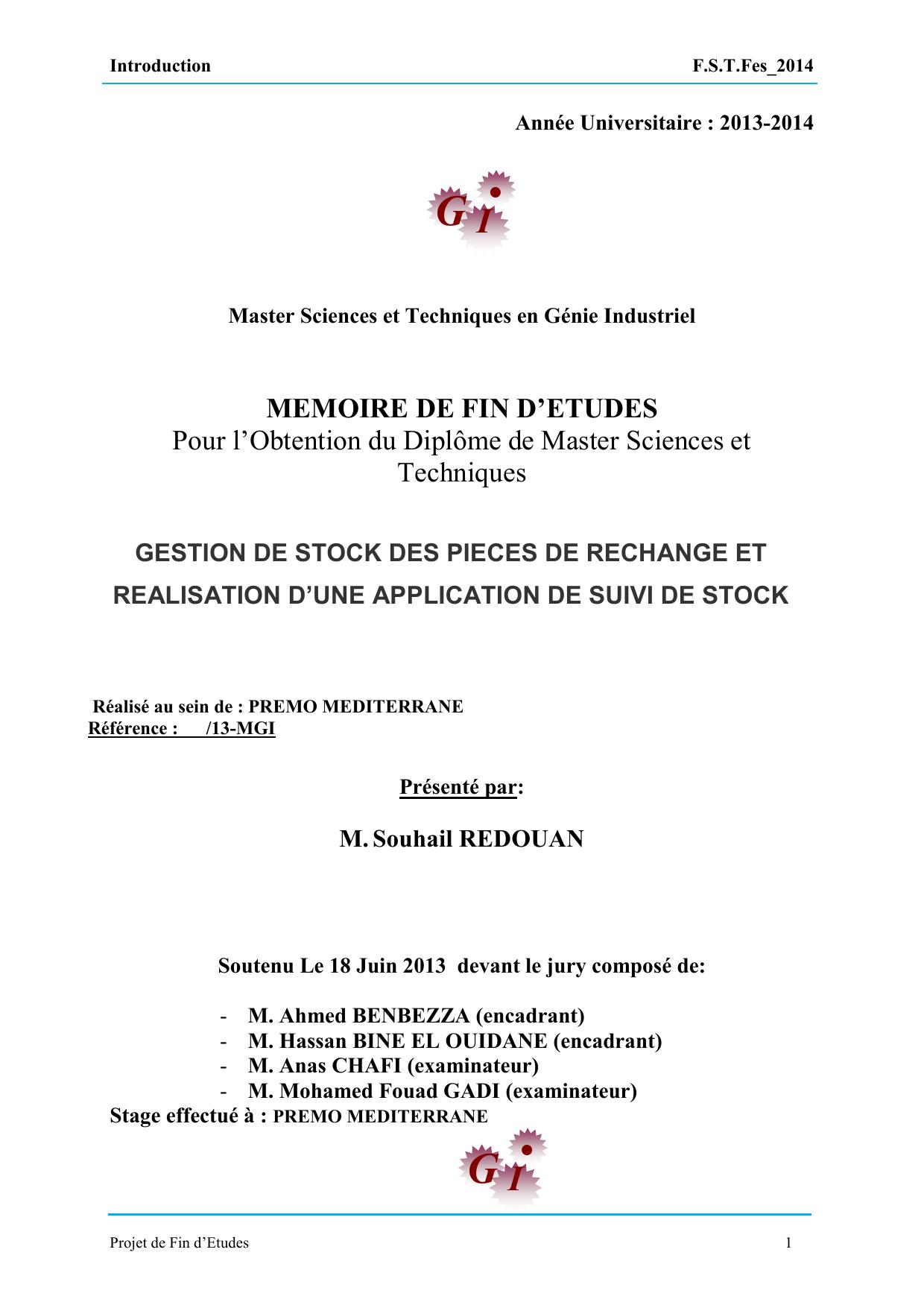 GESTION DE STOCK DES PIECES DE RECHANGE ET REALISATION D’UNE APPLICATION DE SUIVI DE STOCK