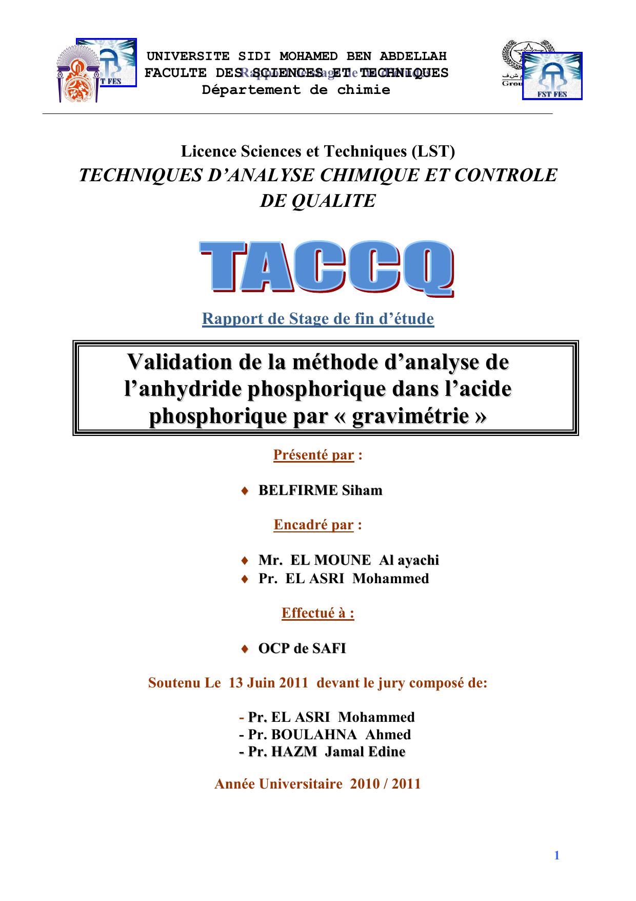 Validation de la méthode d’analyse de l’anhydride phosphorique dans l’acide phosphorique par « gravimétrie »