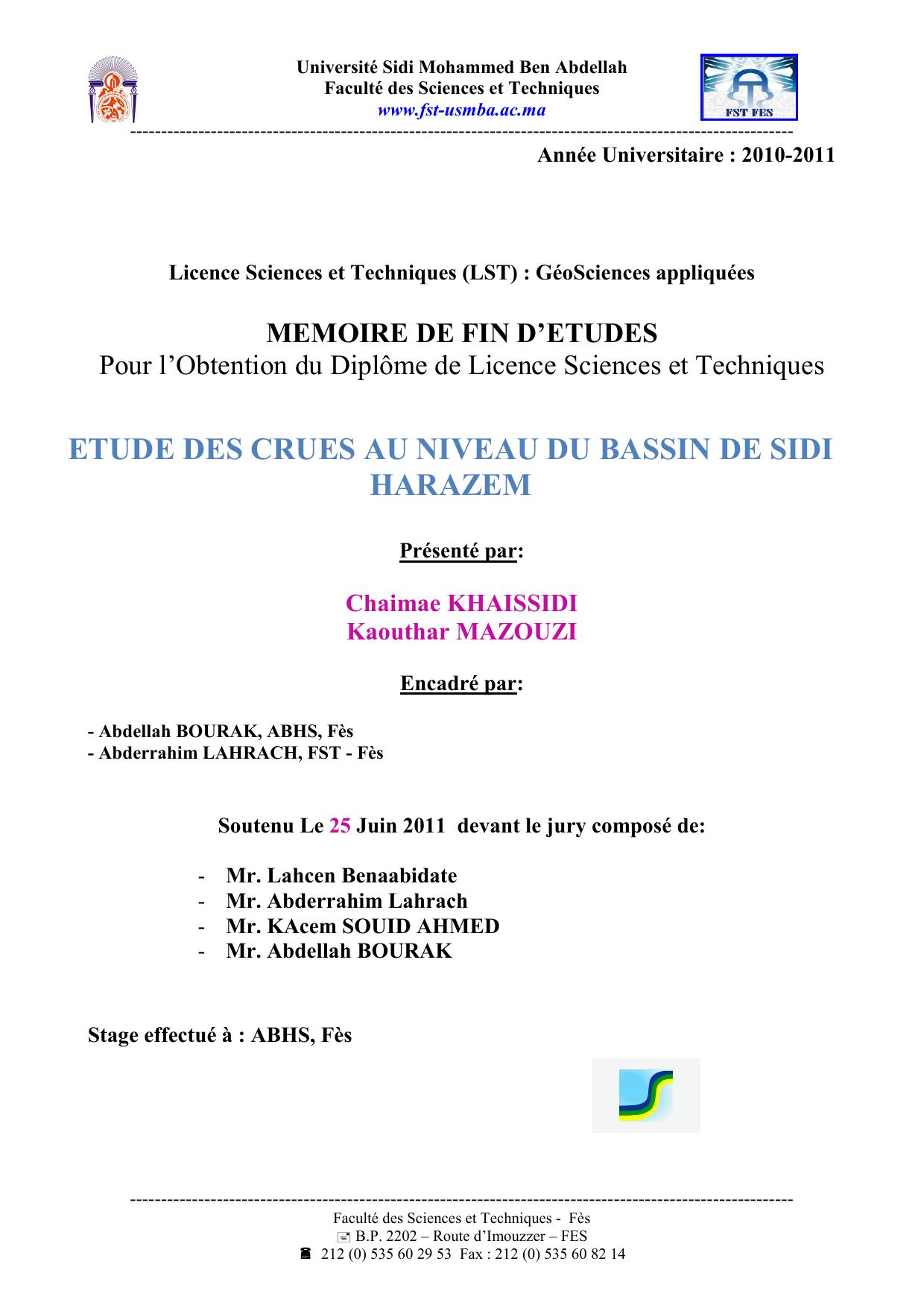 ETUDE DES CRUES AU NIVEAU DU BASSIN DE SIDI HARAZEM