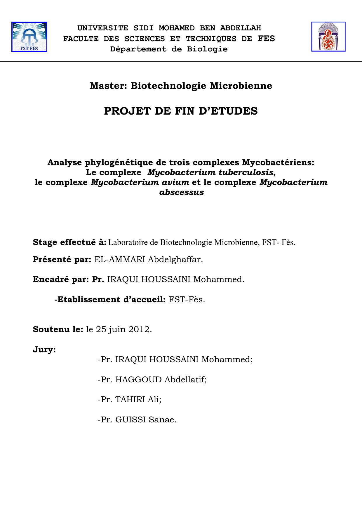 Analyse phylogénétique de trois complexes Mycobactériens: Le complexe Mycobacterium tuberculosis, le complexe Mycobacterium avium et le complexe Mycobacterium abscessus