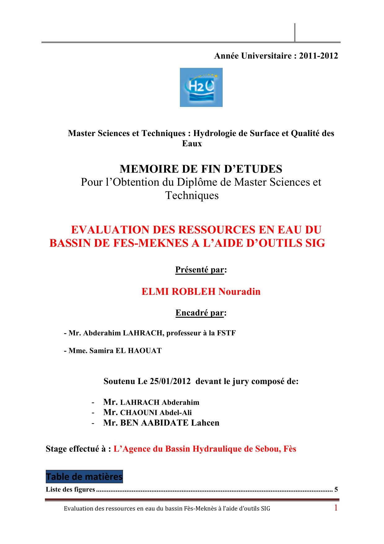 Evaluation des ressources en eau du bassin de Fès-Meknès à l'aide d'outils SIG