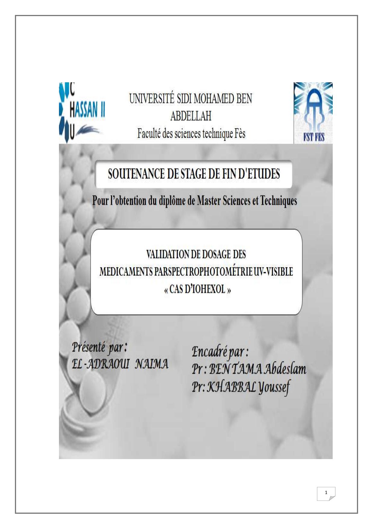 Validation de dosage des médicaments par spéctrophotométrie UV-Visible cas d'iohexol