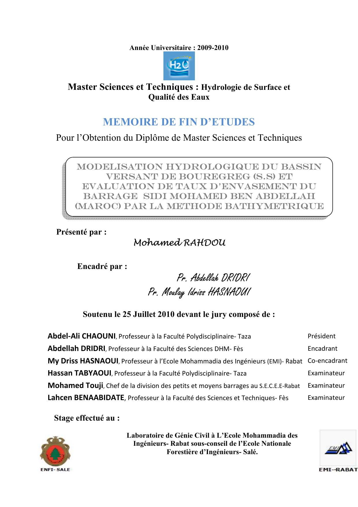 Modélisation hydrologique du bassin versant de Bouregreg (s.s) et évaluation de taux d’envasement du barrage SMBA (Maroc) par la méthode bathymétrique