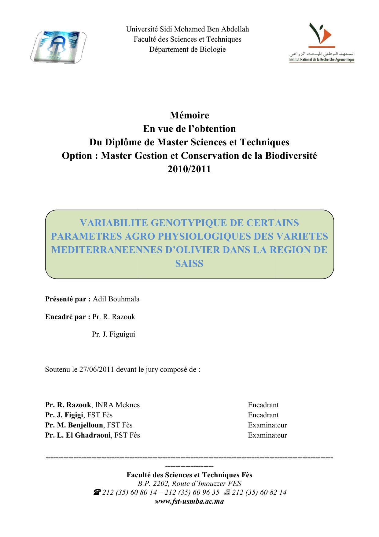 Variabilité génotypique de certains paramètres agro physiologiques des variétés méditerranéenes d'olivier dans la région de Sais