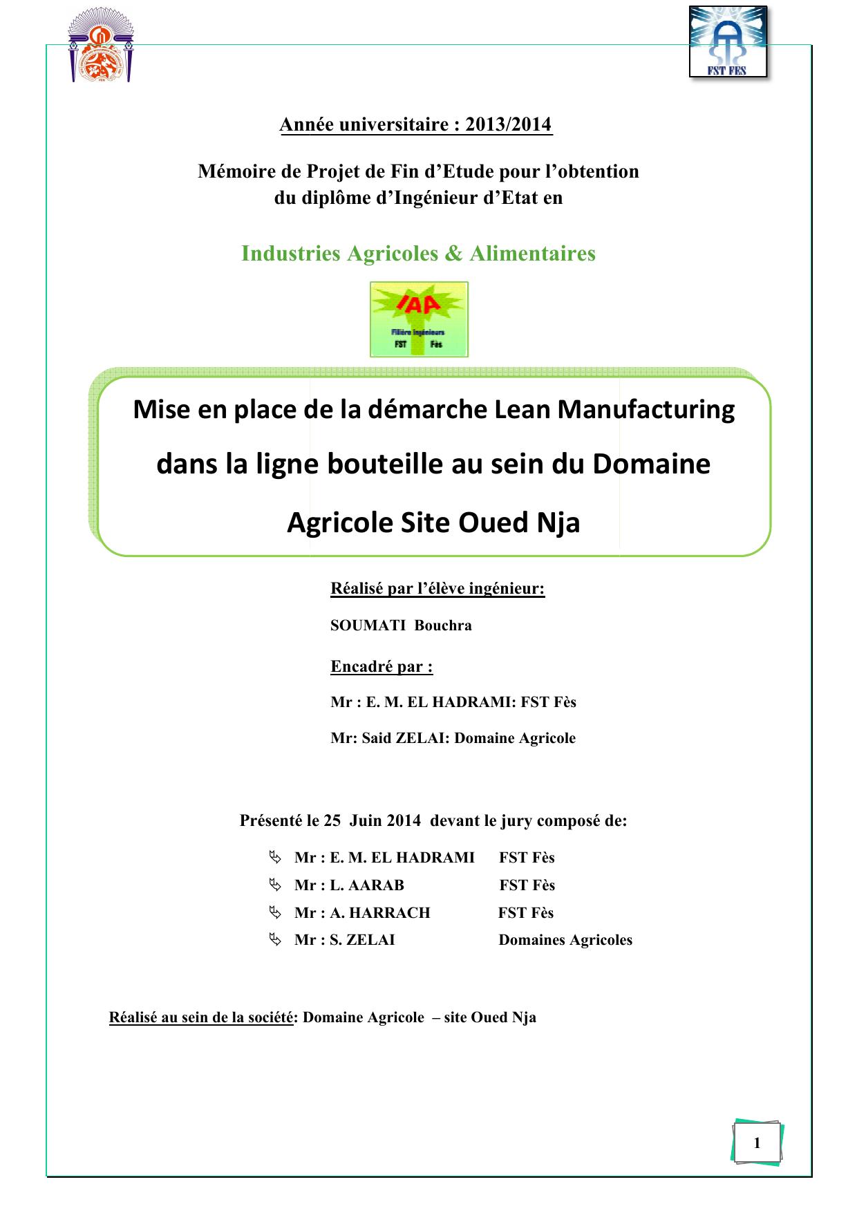 Mise en place de la démarche Lean Manufacturing dans la ligne bouteille au sein du Domaine Agricole Site Oued Nja