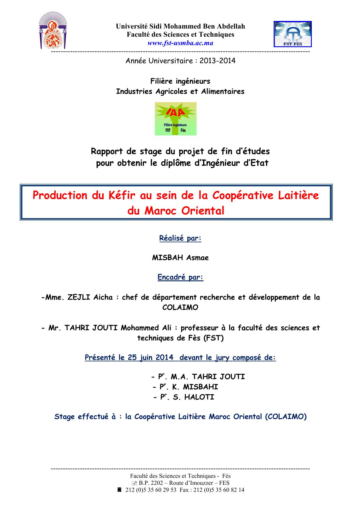 roduction du Kéfir au sein de la Coopérative Laitière du Maroc Oriental