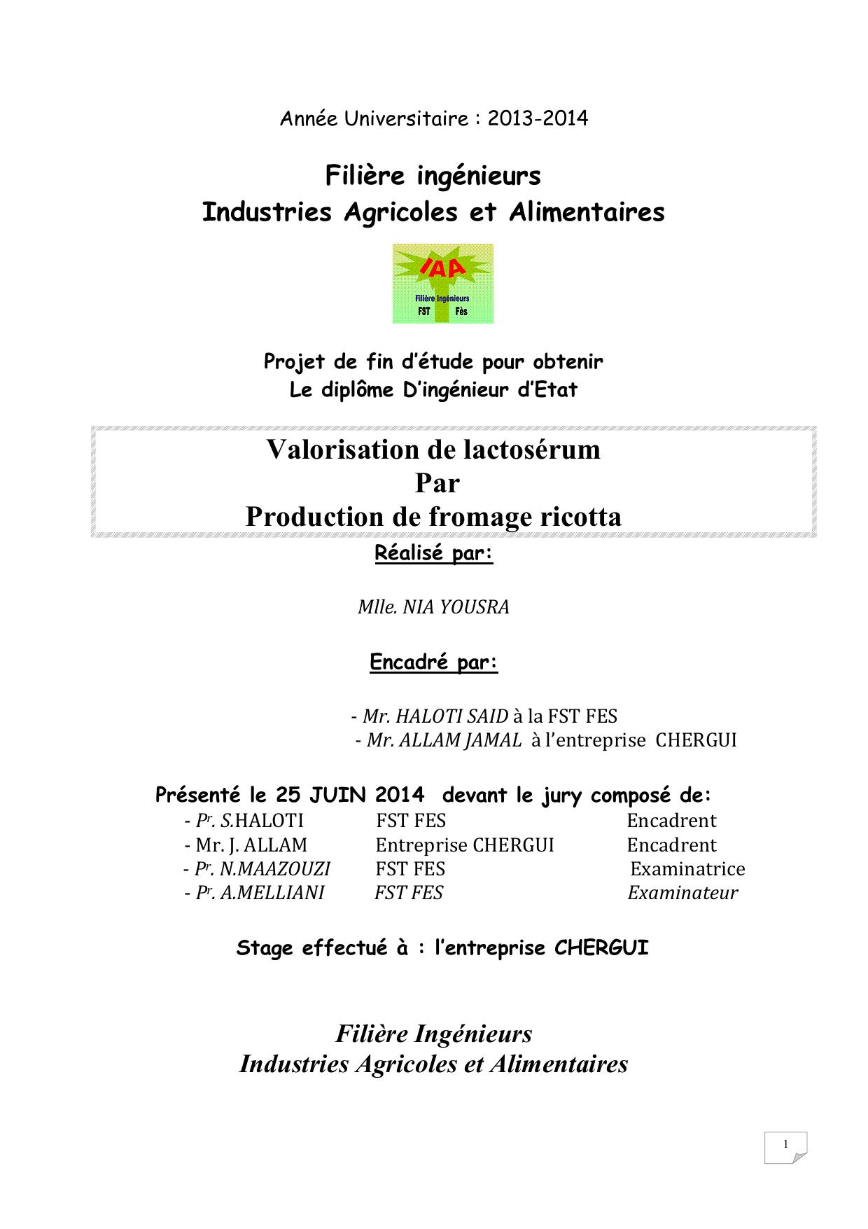 Valorisation de lactosérum Par Production de fromage ricotta