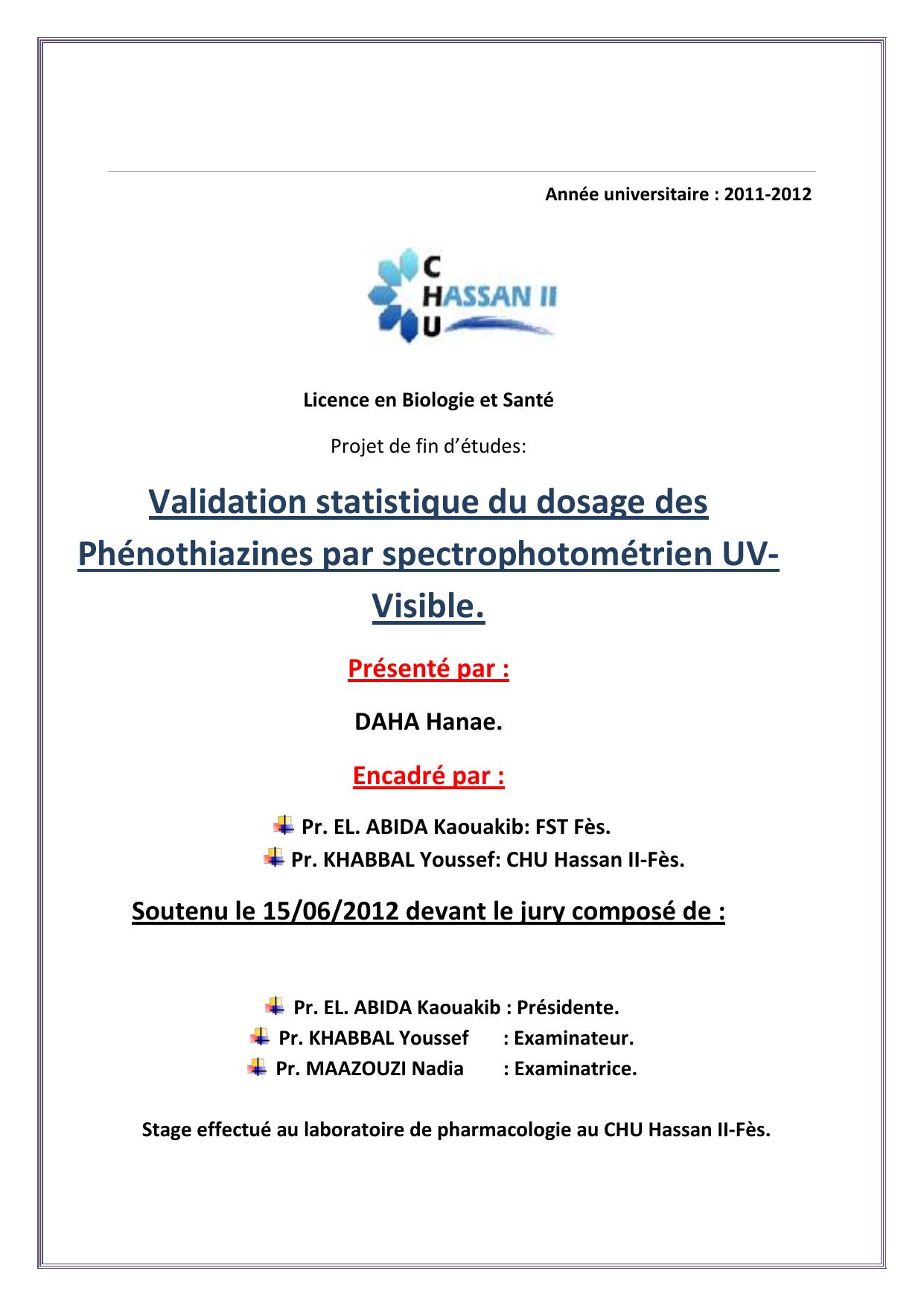 Validation statistique du dosage des Phénothiazines par spectrophotométrien UV-Visible.